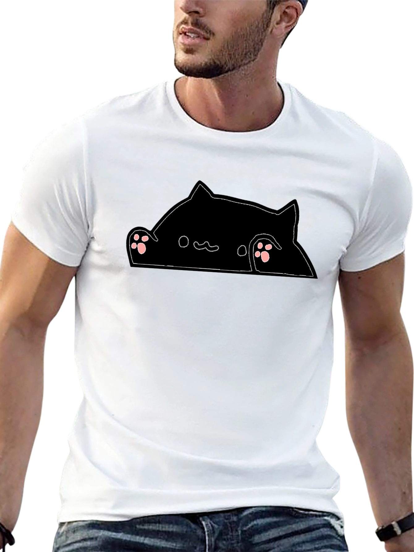 Peek-a-Boo Cat Graphic Tee - Black Cotton Blend T-Shirt