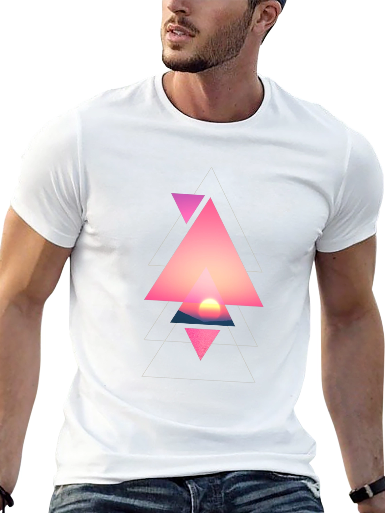 Geometric Sunset Triangle Graphic Black T-Shirt