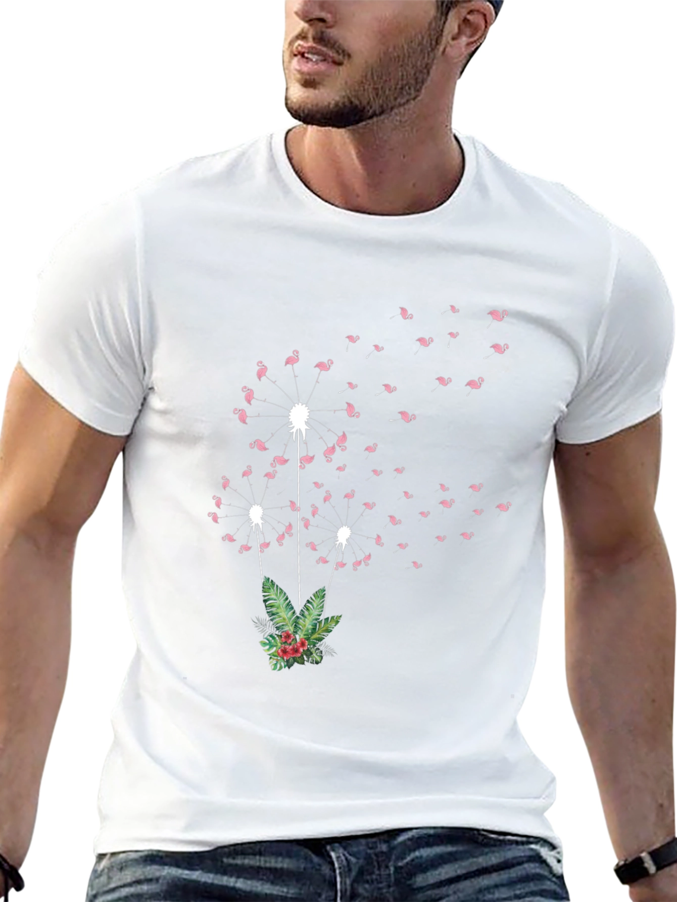 Flamingo Dandelion Print Black T-Shirt