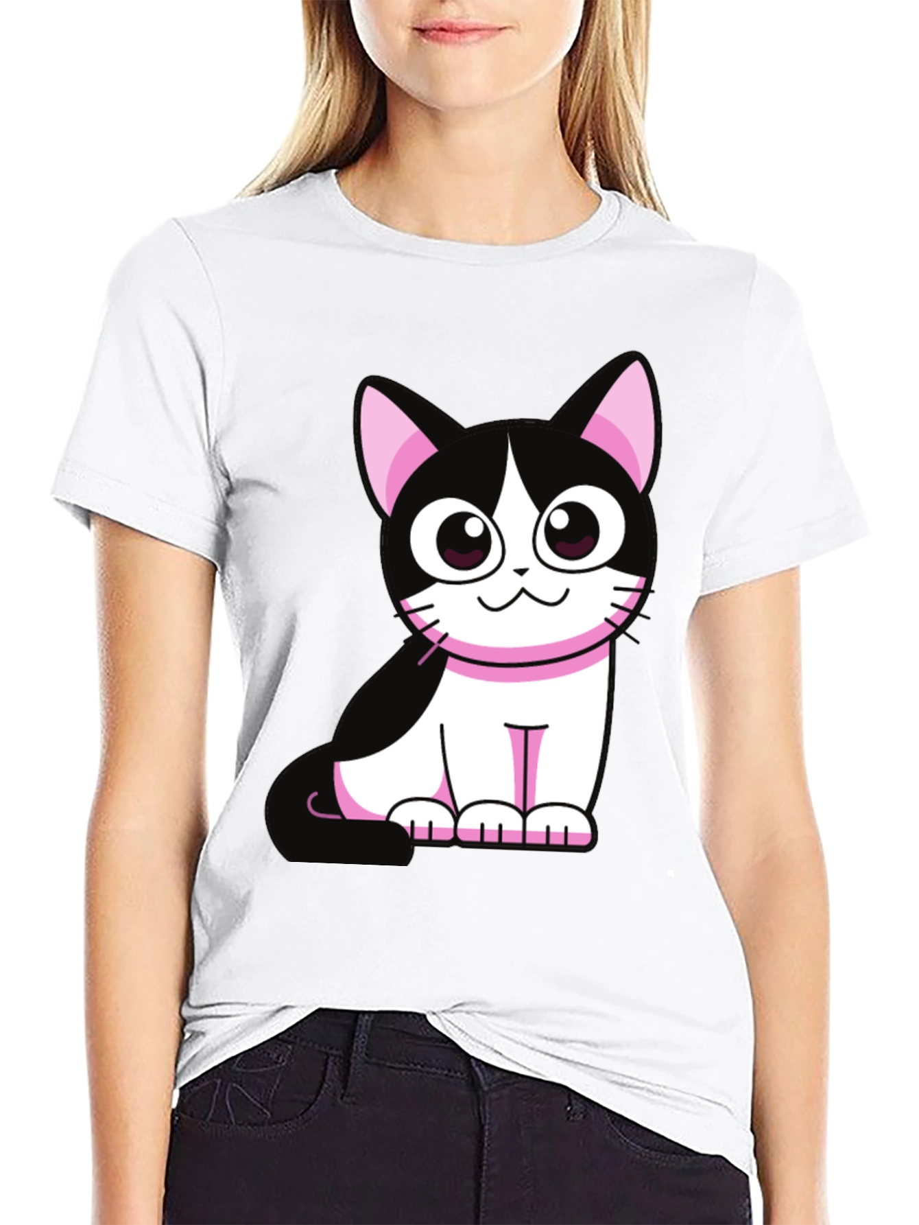 Cute Cartoon Cat Graphic Tee - Black