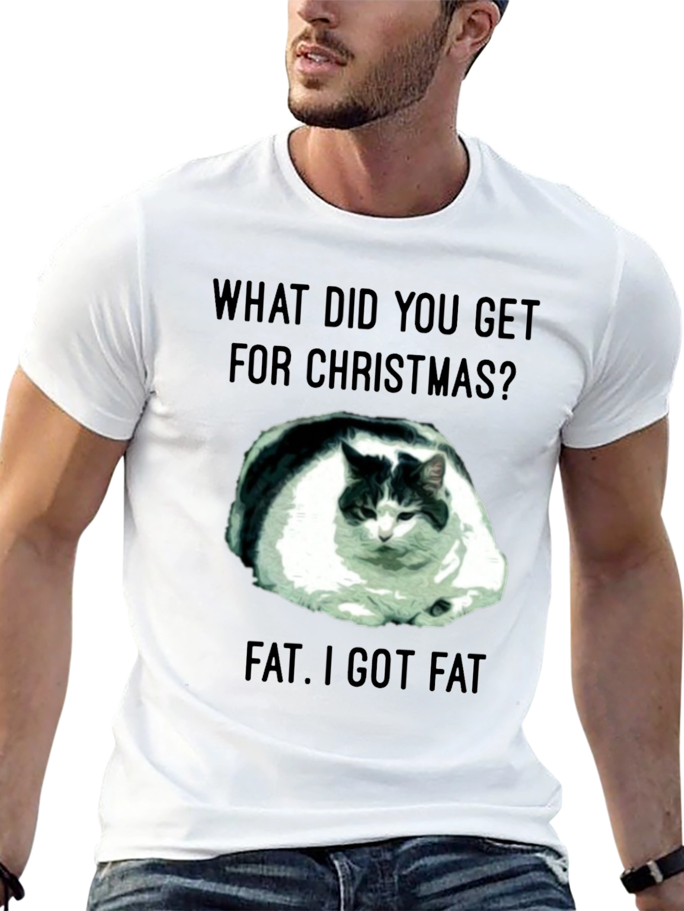 Funny Christmas Fat Cat Black T-Shirt