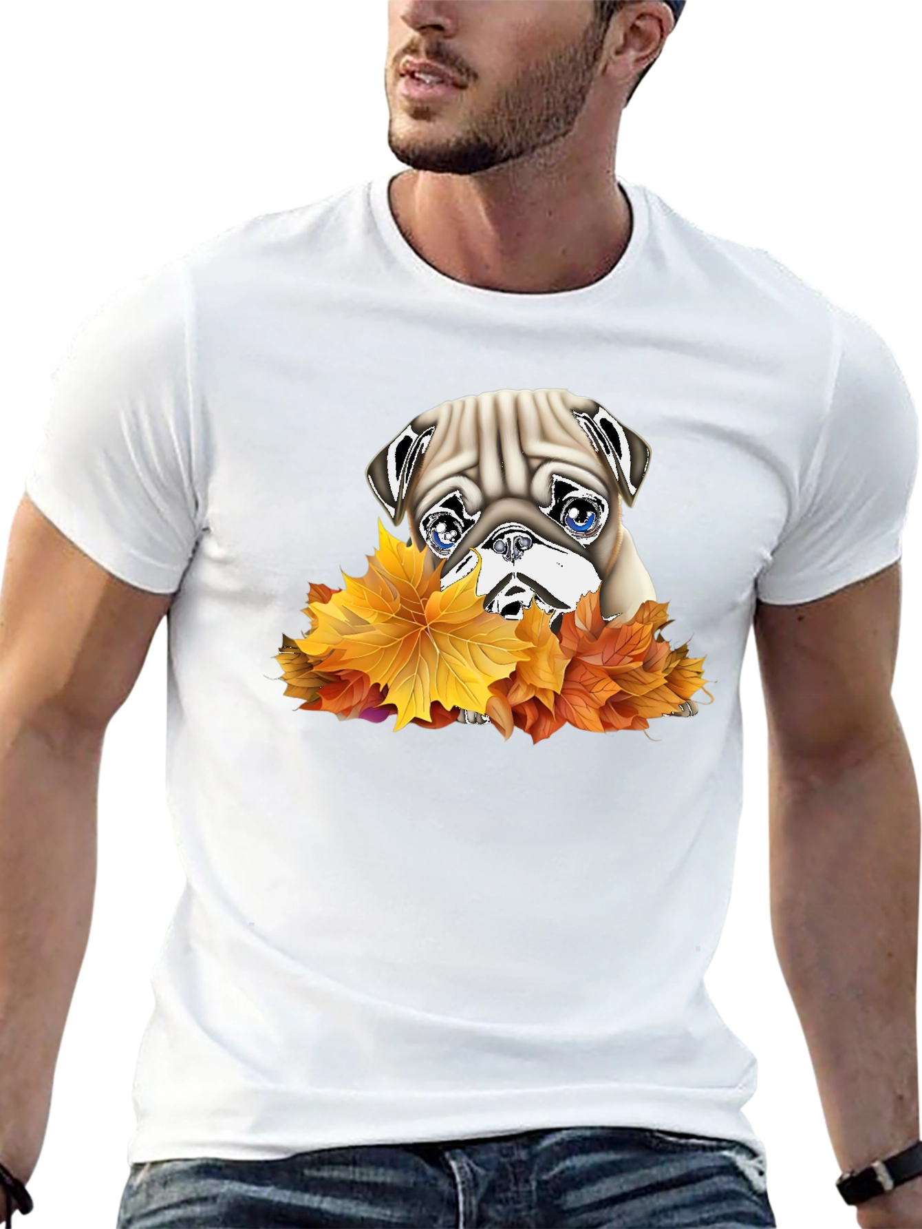 Pug in Leaves Graphic T-Shirt - Black