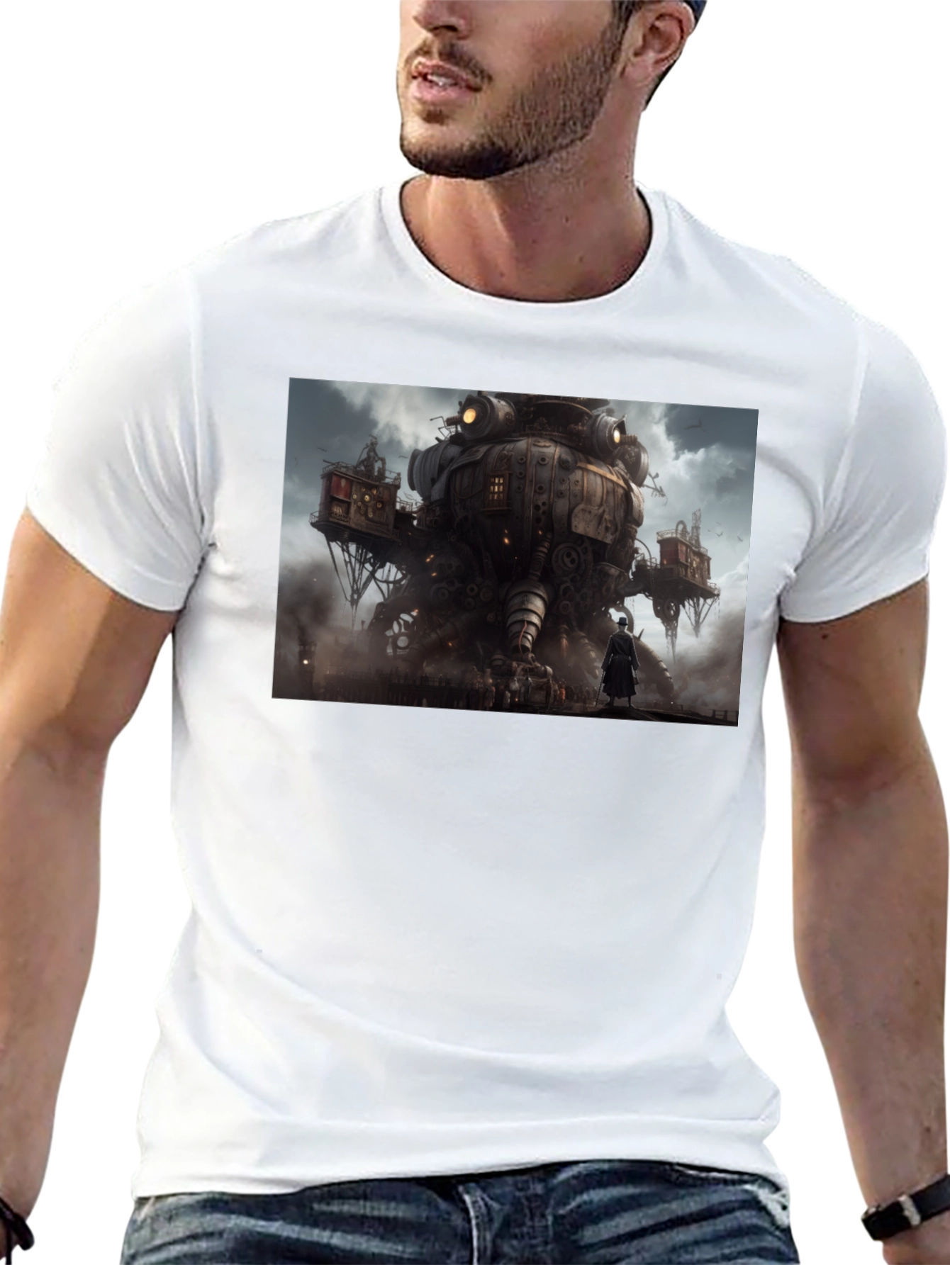 Steampunk Cityscape Graphic Tee - Bold Black Cotton Shirt