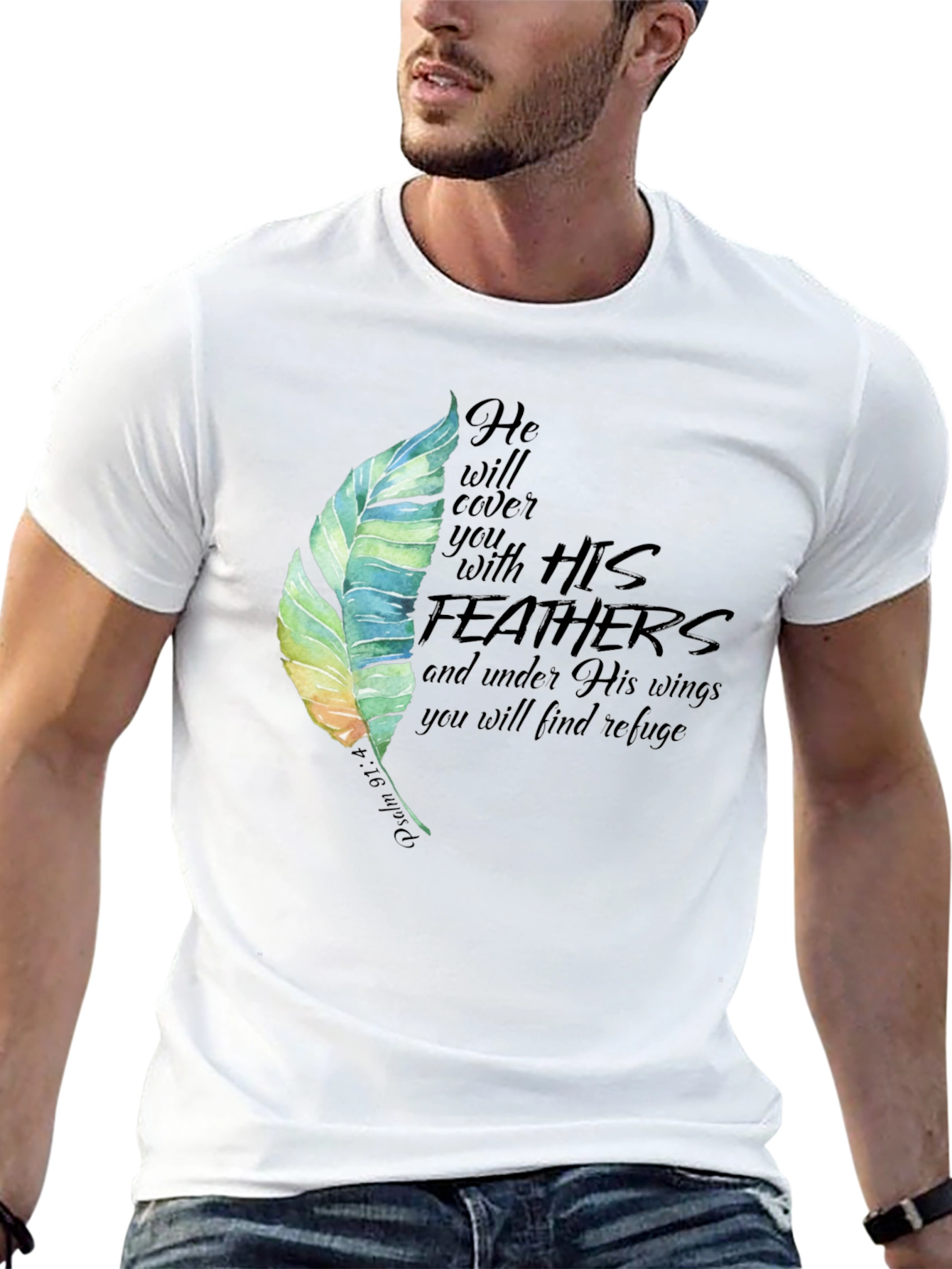 Feather Psalm 91:4 Christian Black T-Shirt