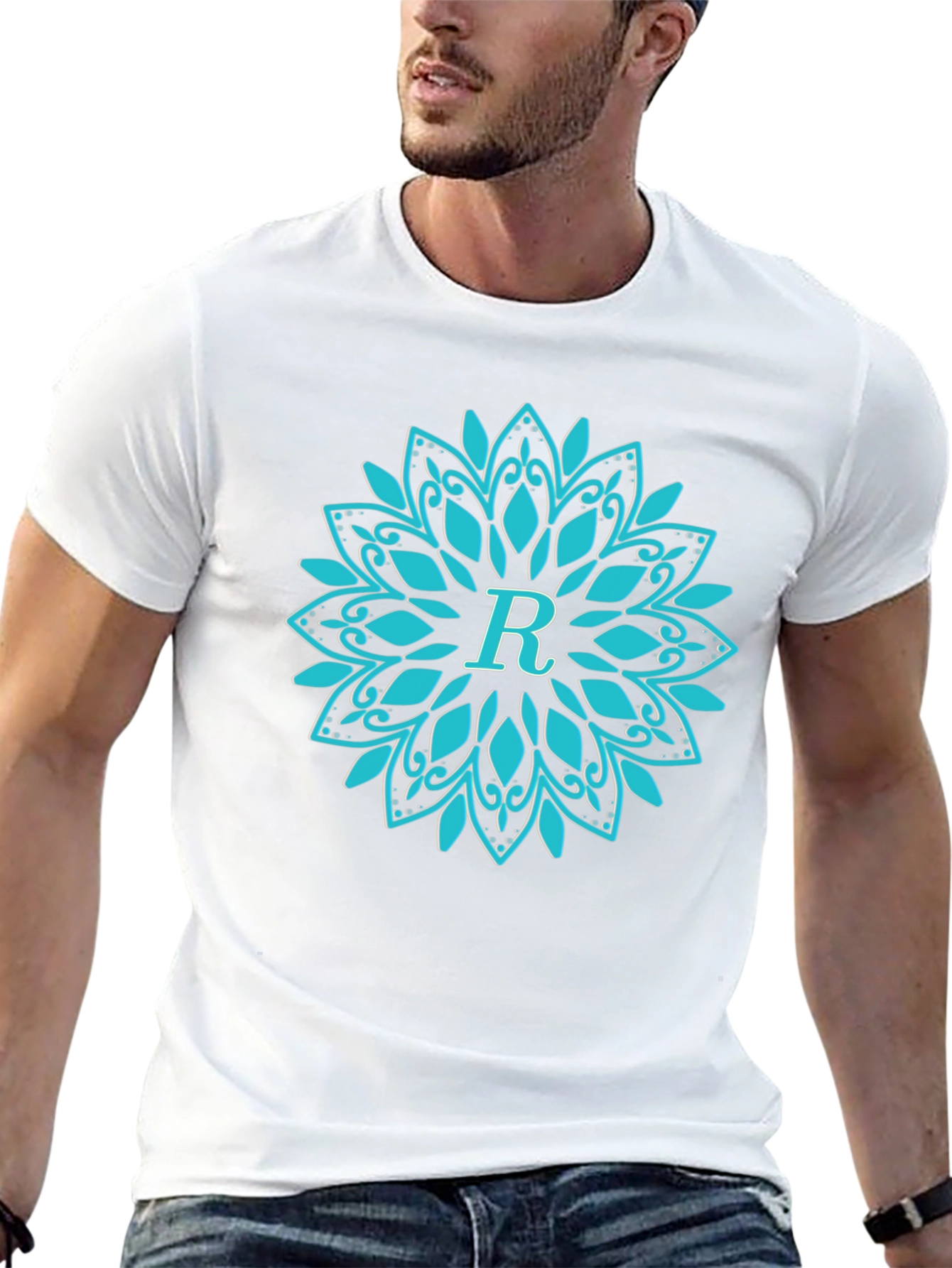 Initial R Mandala Design Black T-Shirt