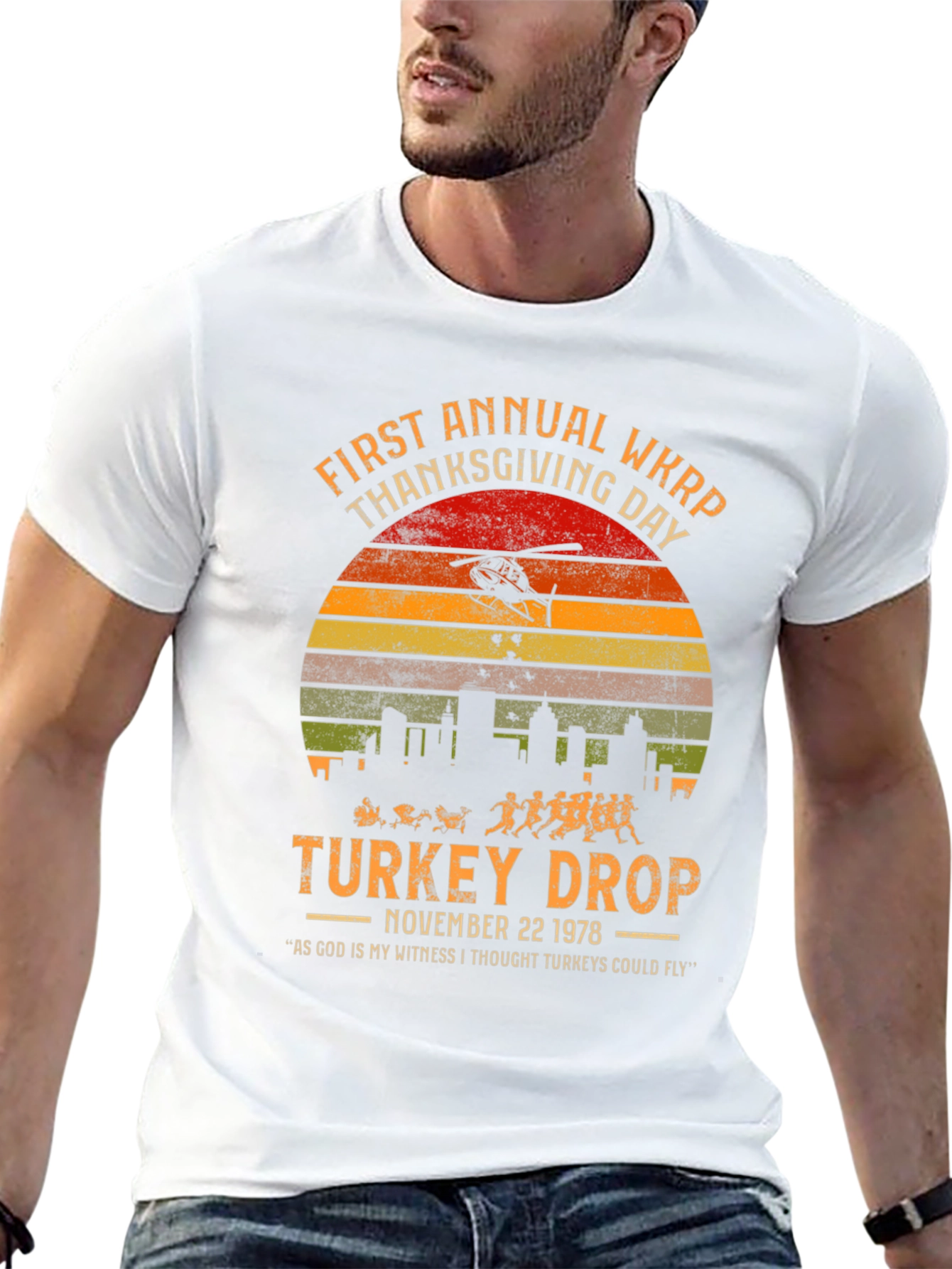 WKRP Thanksgiving Day Turkey Drop Black T-Shirt