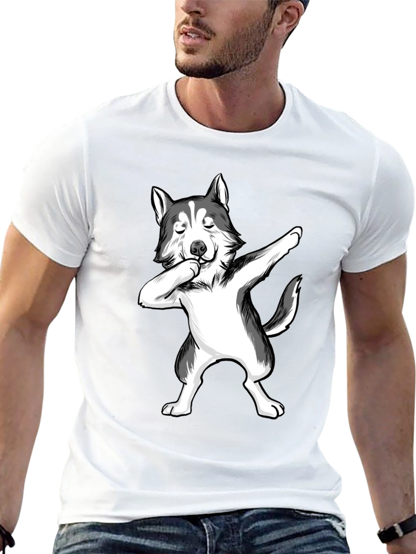 Dabbing Husky T-Shirt - Black Crew Neck Tee