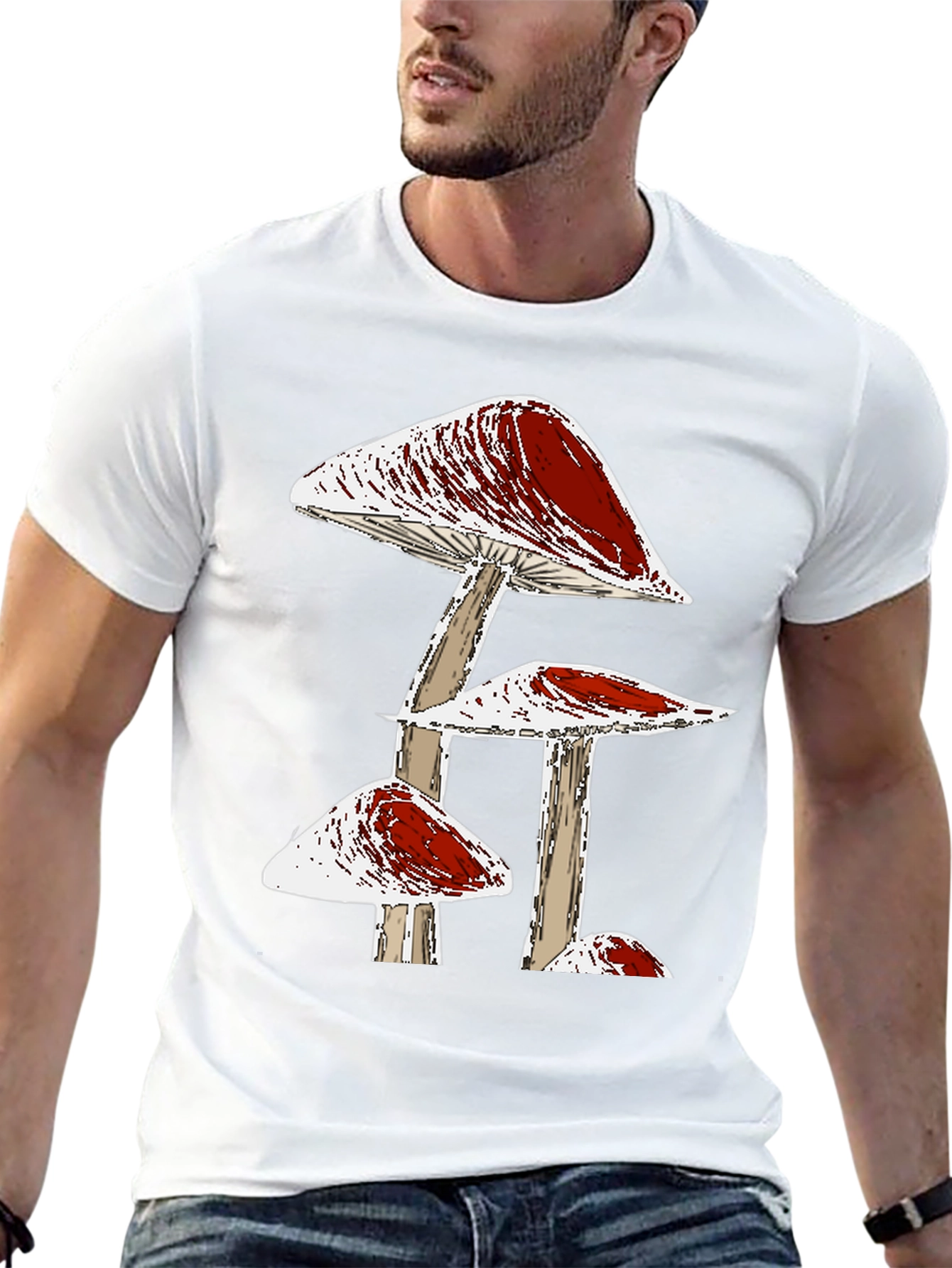 Funky Mushroom Graphic Tee - Black Cotton T-Shirt