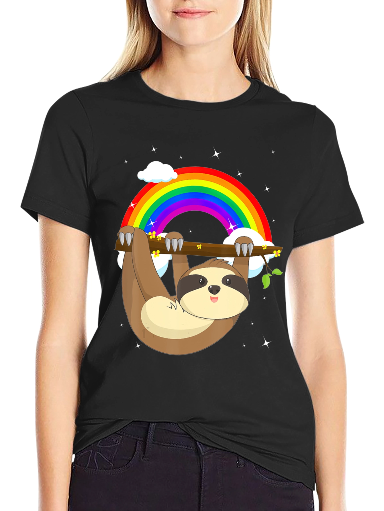Sloth Rainbow Graphic Tee - Mens Black Cotton T-Shirt
