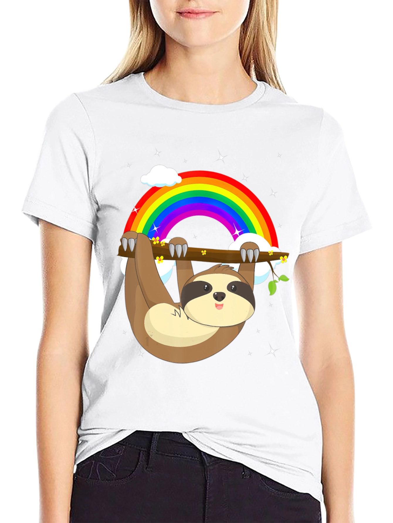 Sloth Rainbow Graphic Tee - Mens Black Cotton T-Shirt