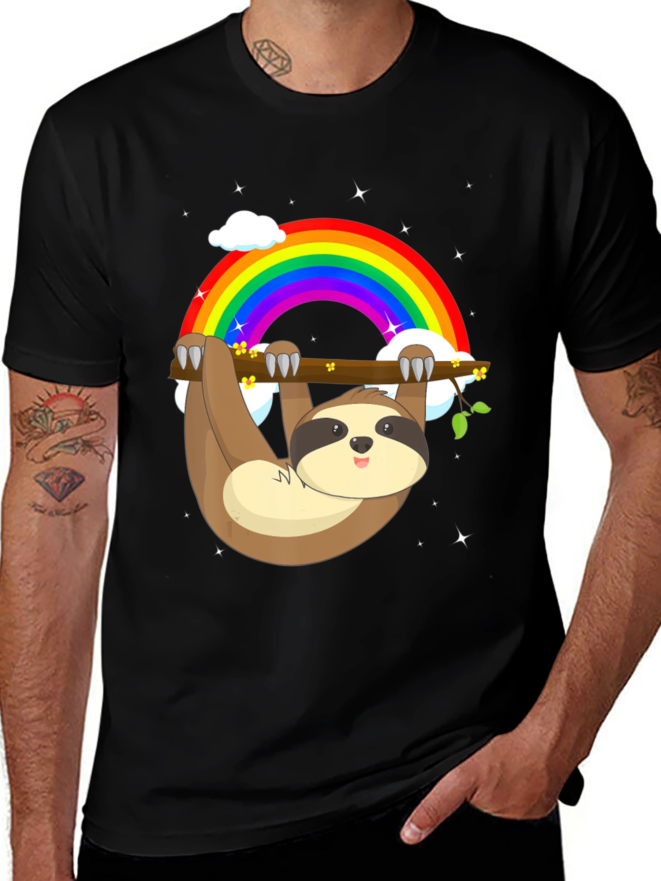 Sloth Rainbow Graphic Tee - Mens Black Cotton T-Shirt