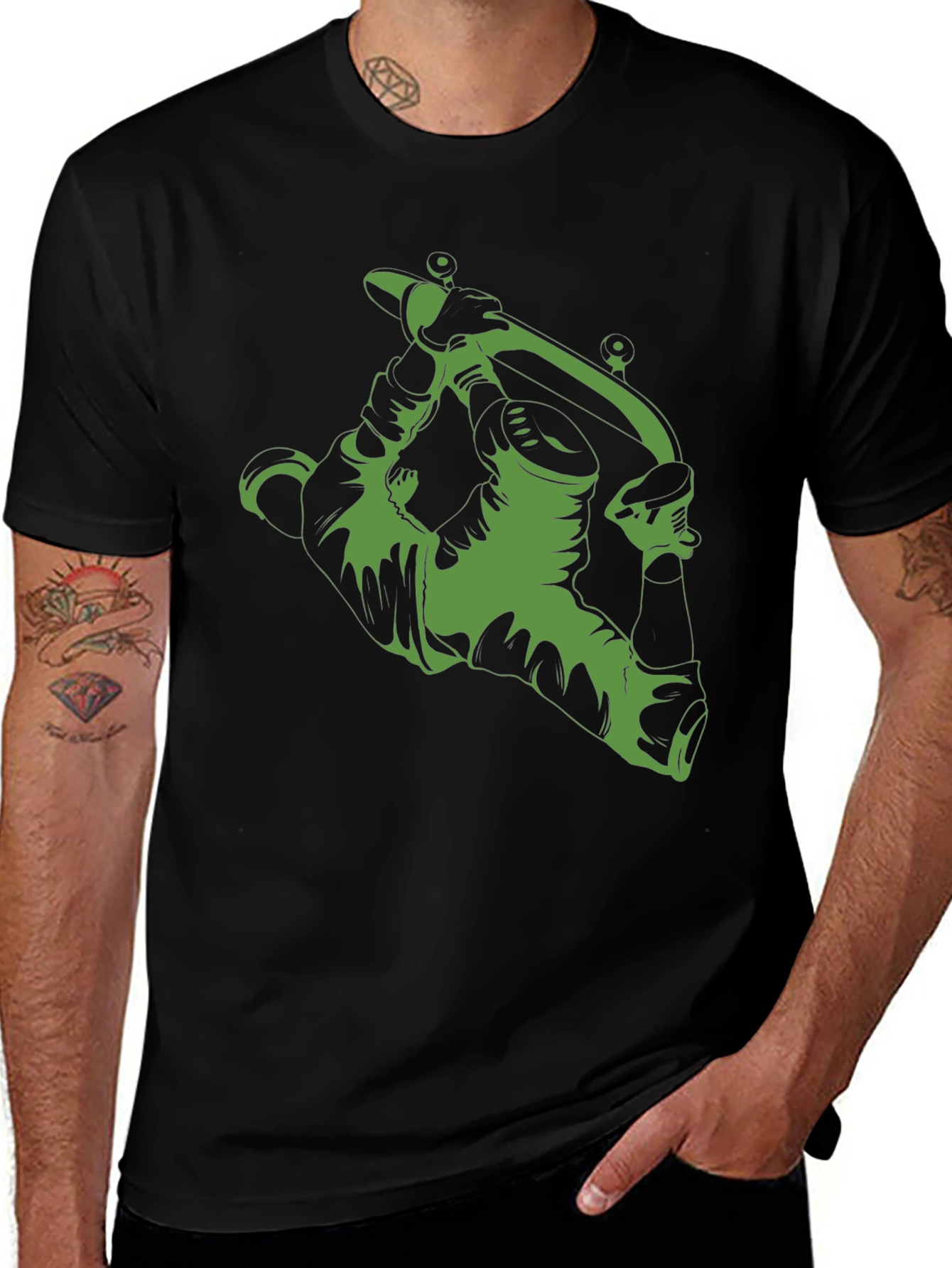 Green Tattoo Gun Graphic Black T-Shirt