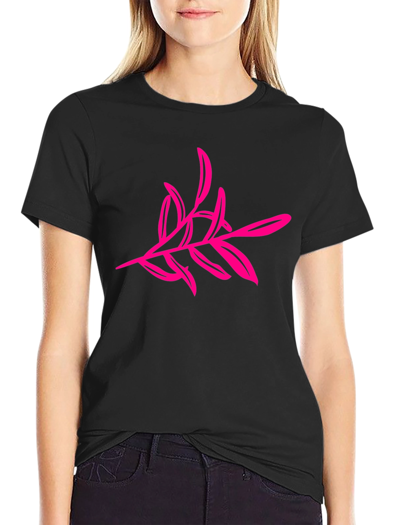 Black T-Shirt with Pink Floral Design