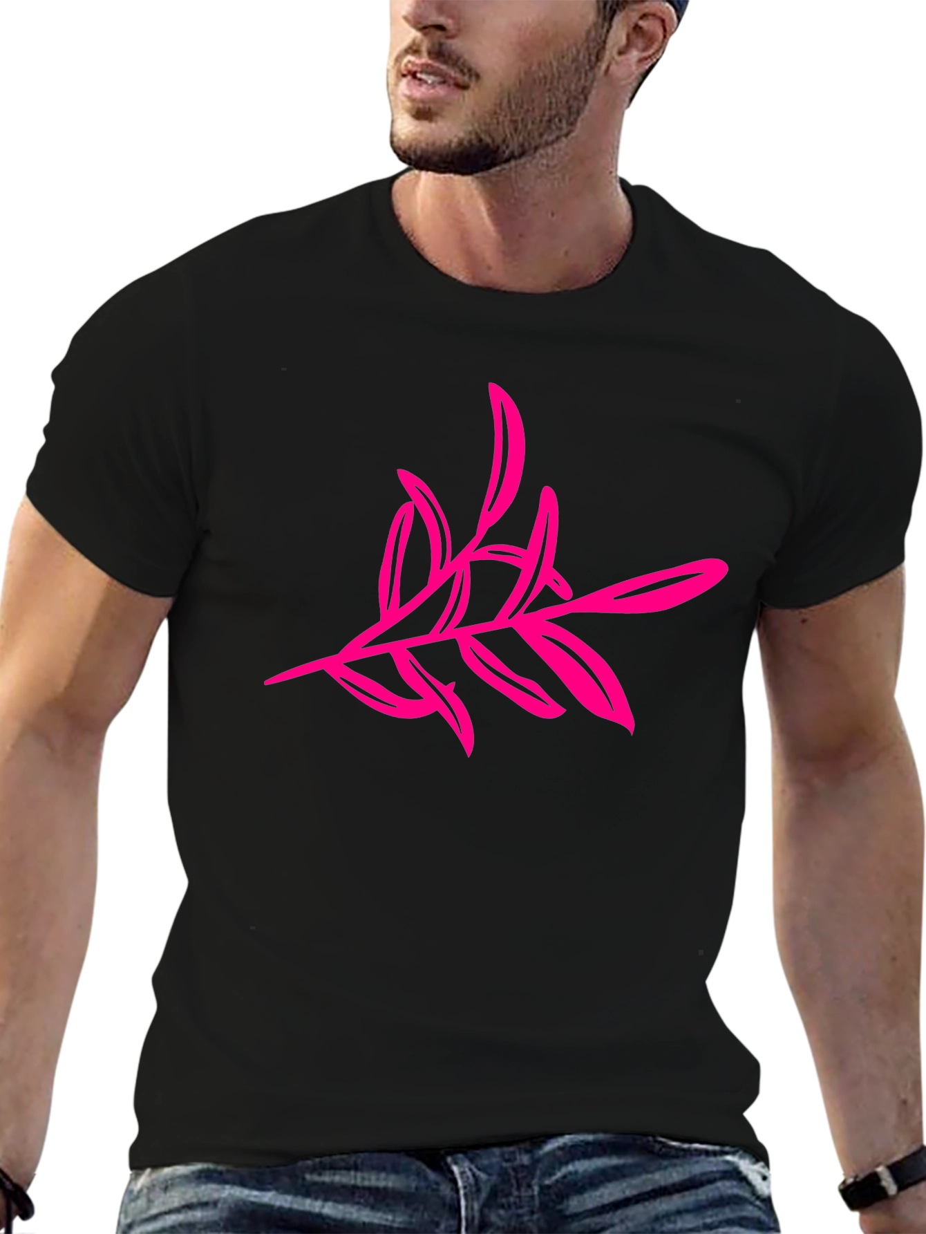 Black T-Shirt with Pink Floral Design