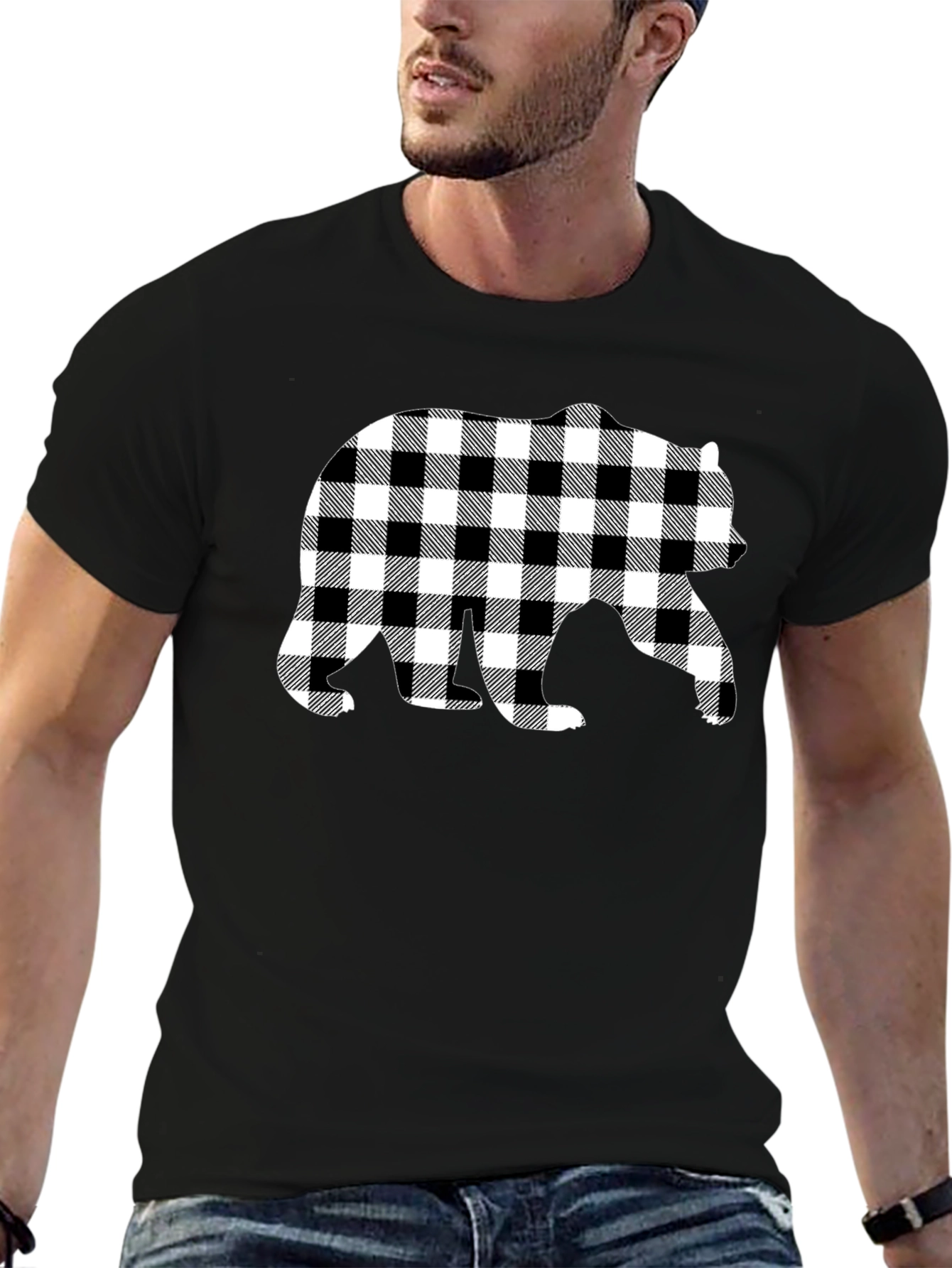 Plaid Bear Graphic Tee - Stylish Mens Black T-Shirt