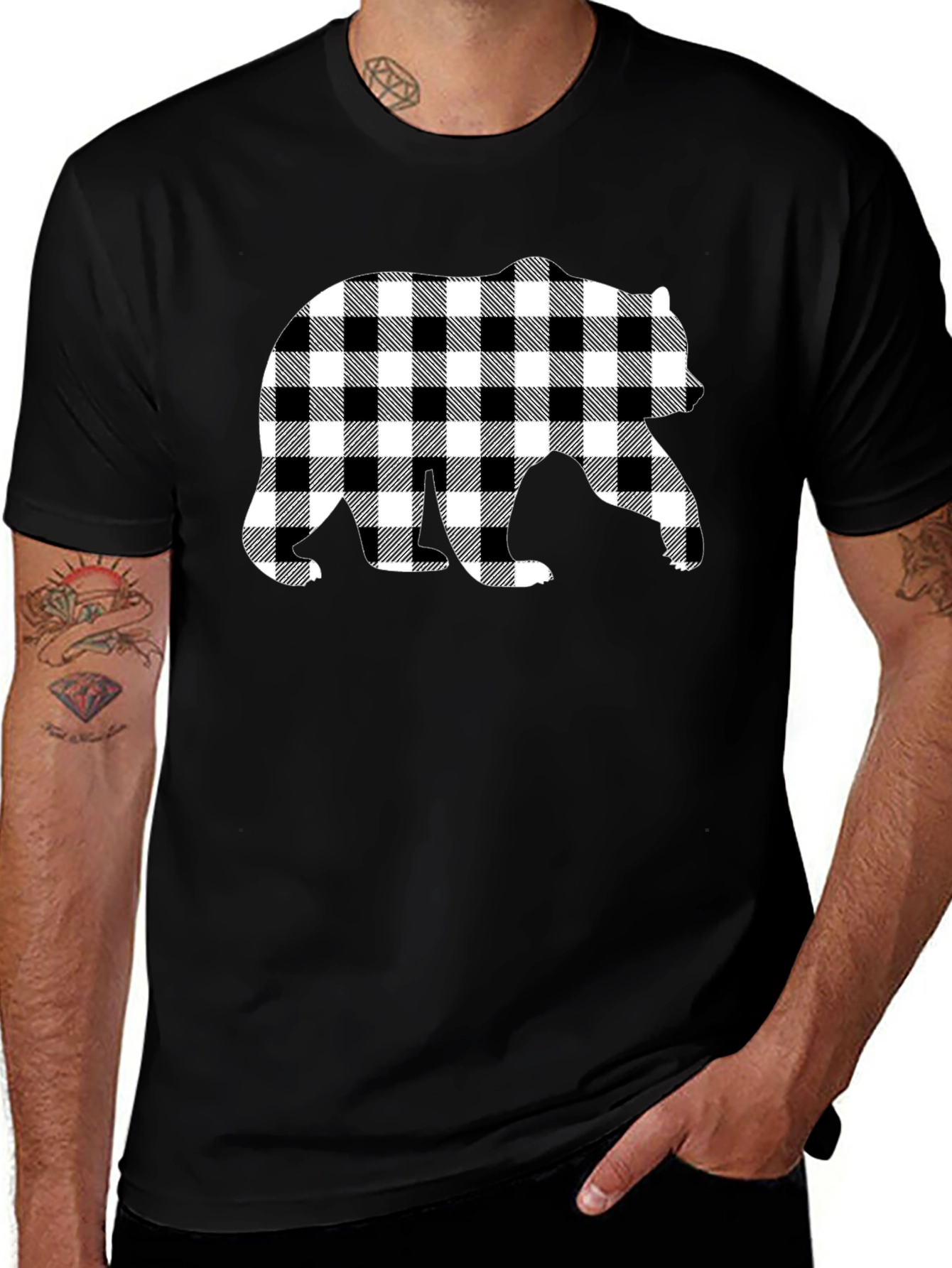 Plaid Bear Graphic Tee - Stylish Mens Black T-Shirt