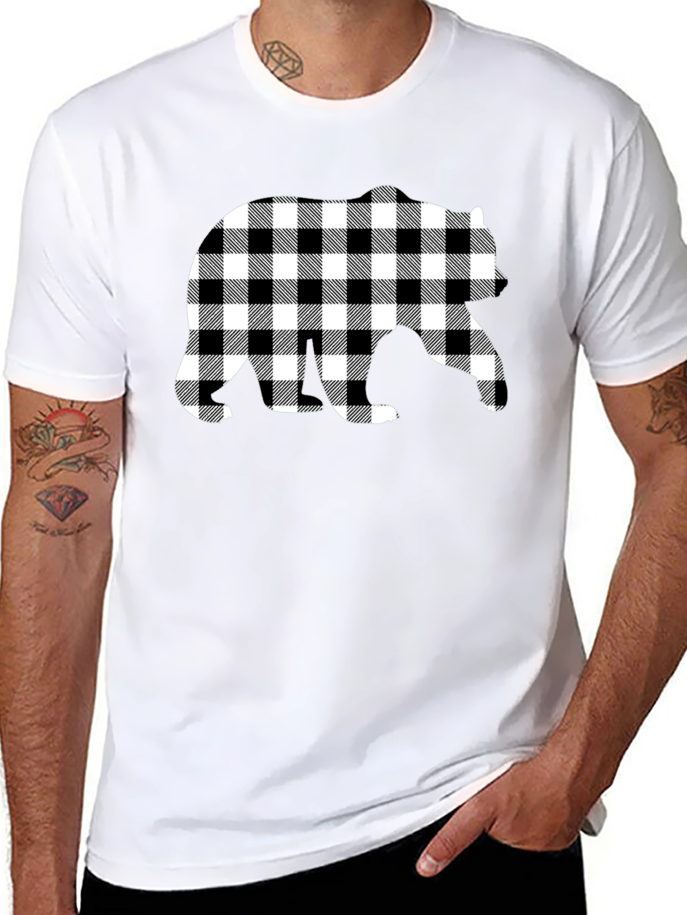 Plaid Bear Graphic Tee - Stylish Mens Black T-Shirt