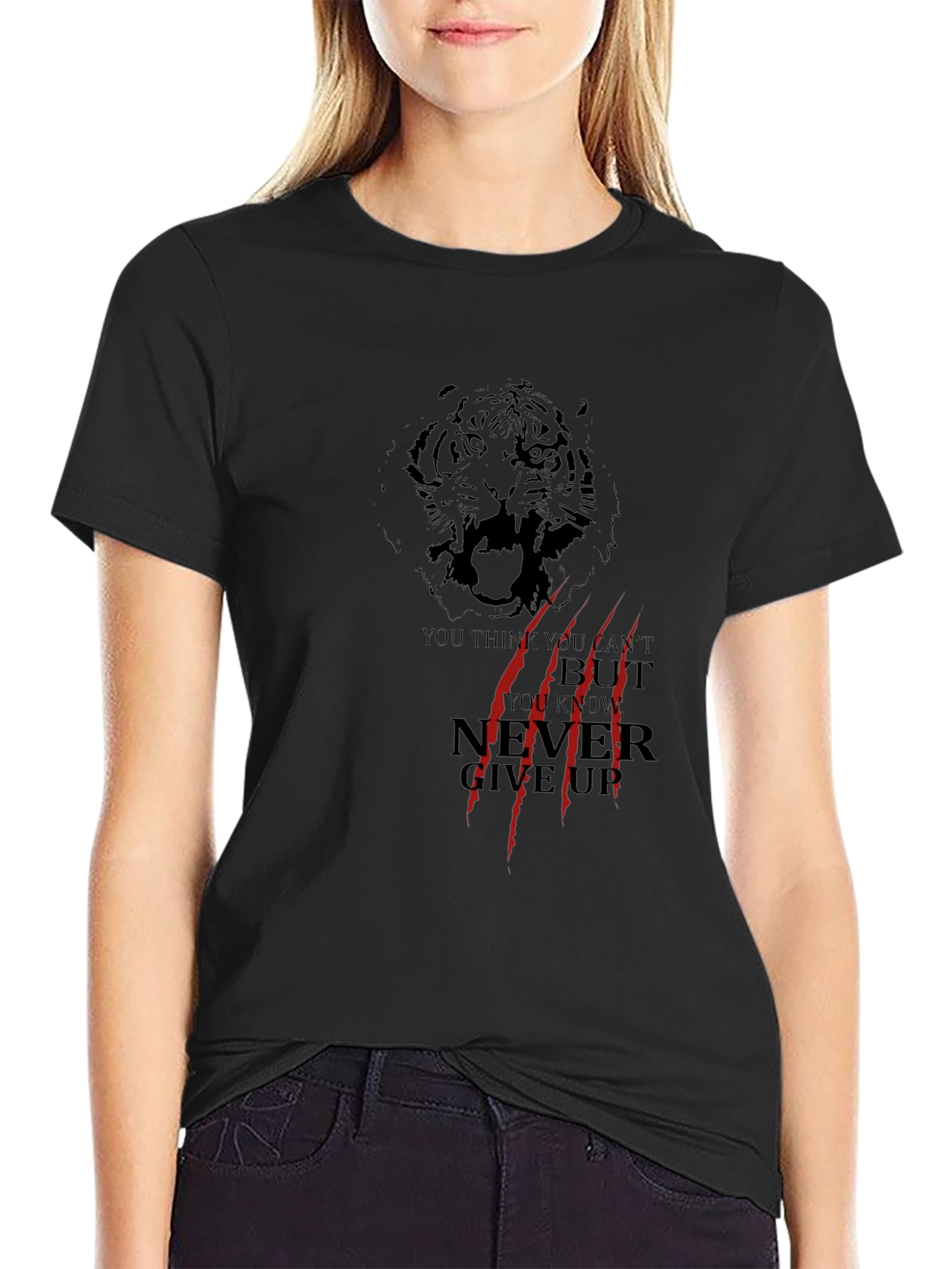 Tiger Graphic Black T-Shirt - Never Give Up