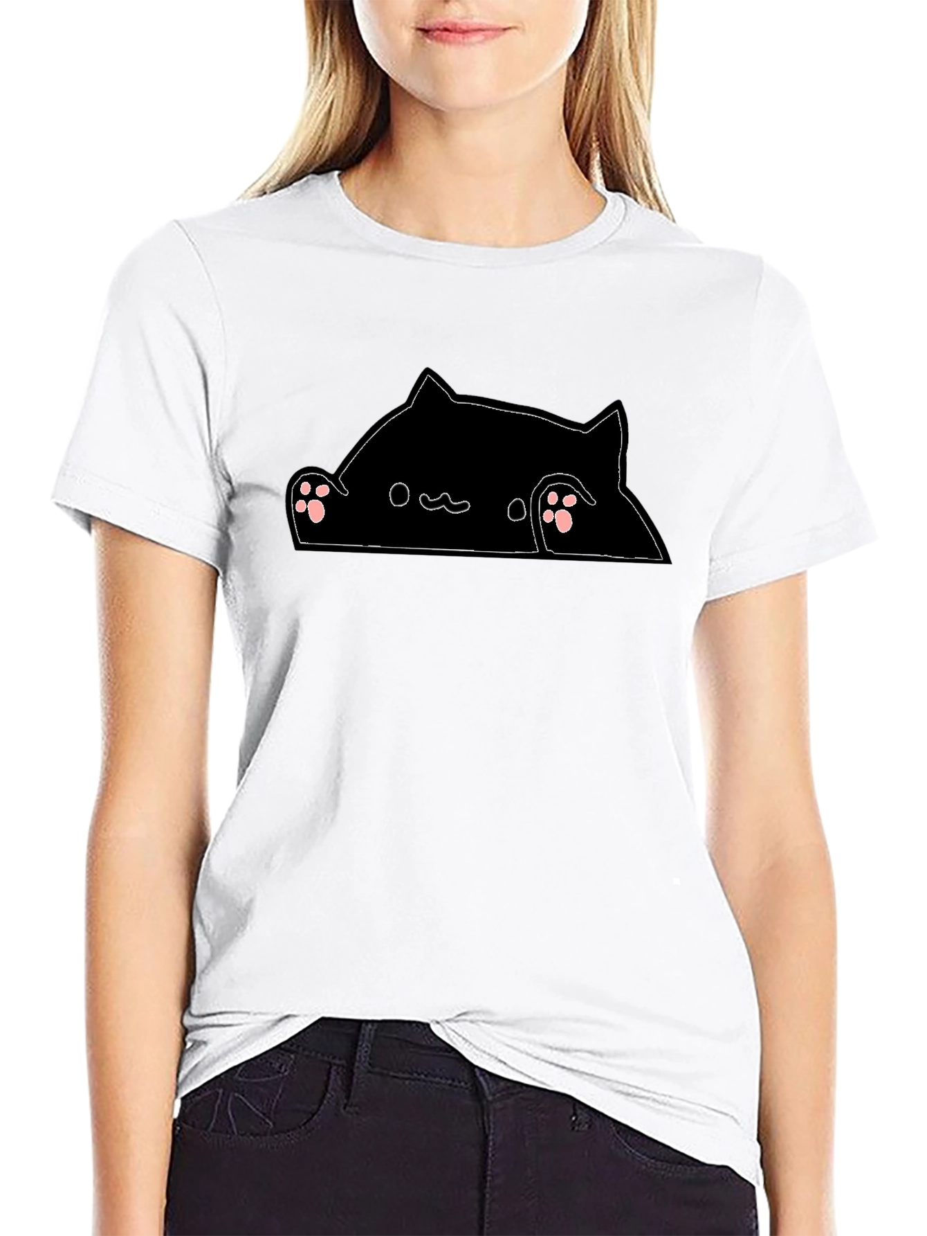 Peek-a-Boo Cat Graphic Tee - Black Cotton Blend T-Shirt