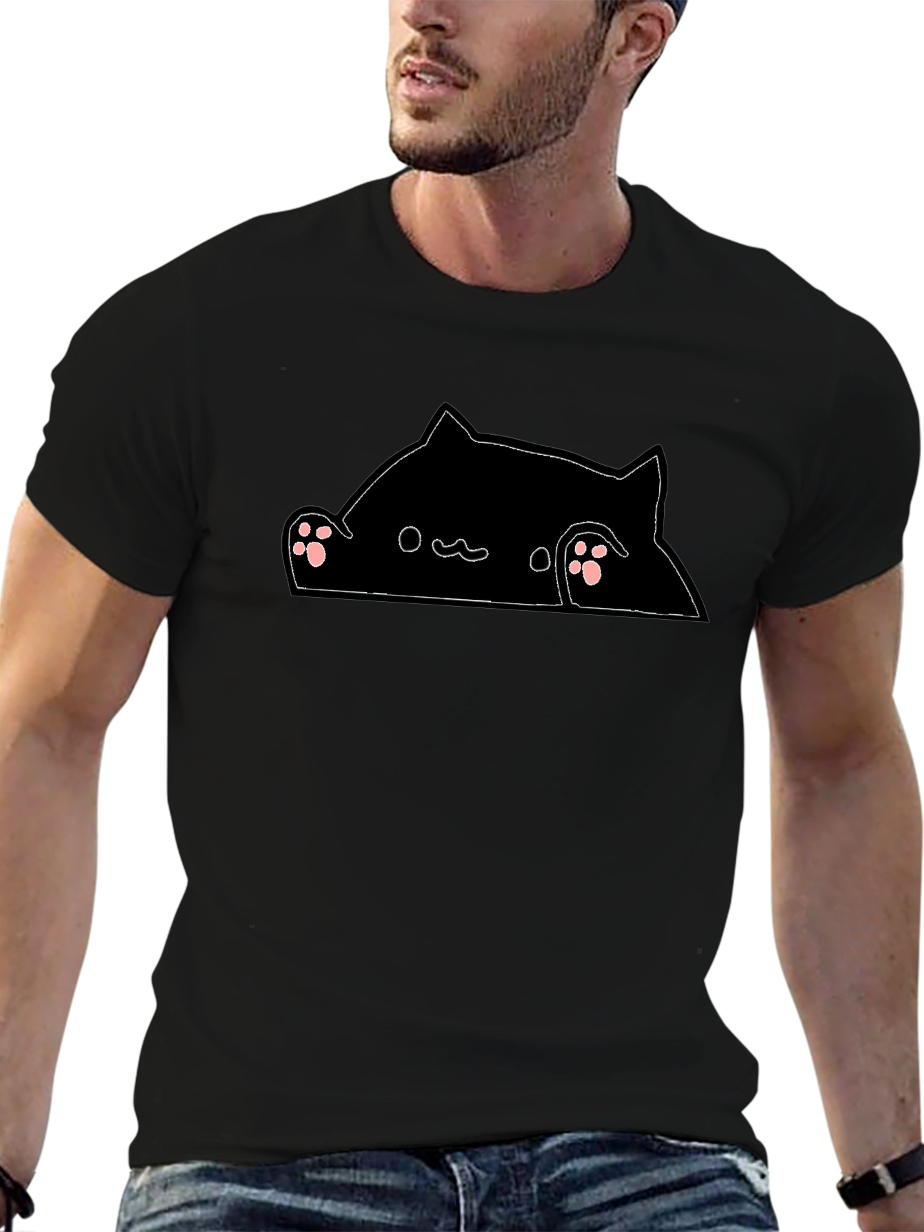 Peek-a-Boo Cat Graphic Tee - Black Cotton Blend T-Shirt