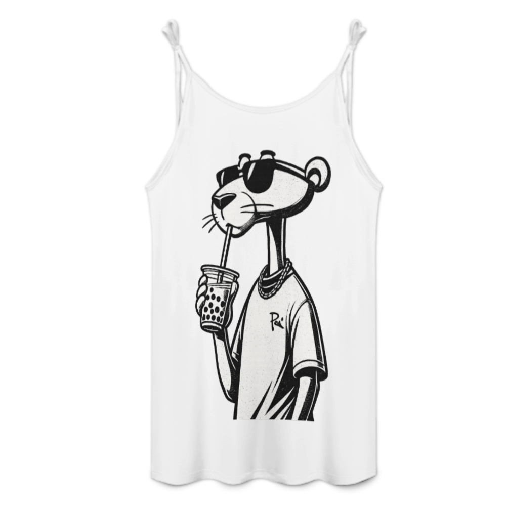 Cool Panther Bubble Tea Graphic Mini Dress, Aesthetic Cartoon Streetwear Dress, Trendy Animal Art Sleeveless Outfit(z585)