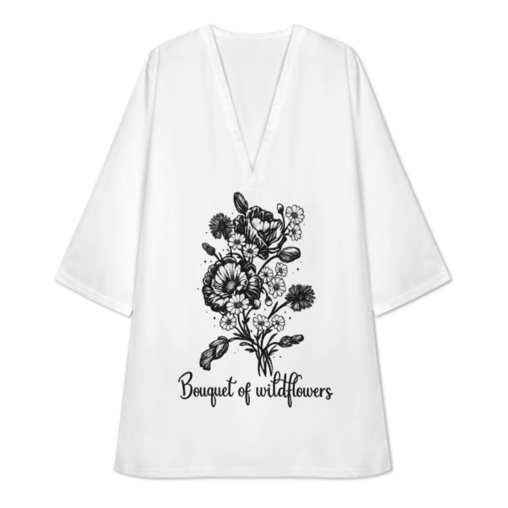Bouquet of Wildflowers Graphic T-Shirt Dress, Minimal Floral Sketch Oversized Lounge Tee, Botanical Aesthetic Casual Women’s Fashion(z573)