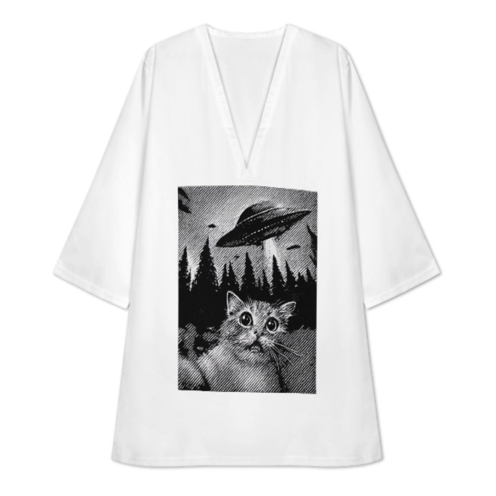 Retro UFO Cat Graphic Dress, Vintage Alien Cat Print V Neck Mini Dress, Funny Sci Fi Aesthetic Oversized Shirt Dress, Black White Halftone Kitty Outfit(z580)