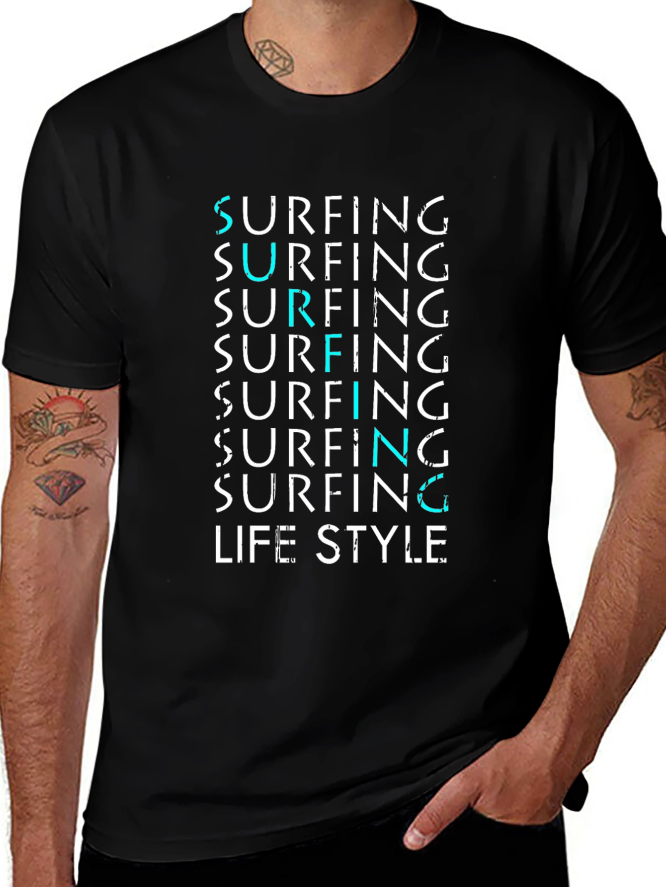 Surfing Lifestyle Graphic Tee - Black Cotton Blend