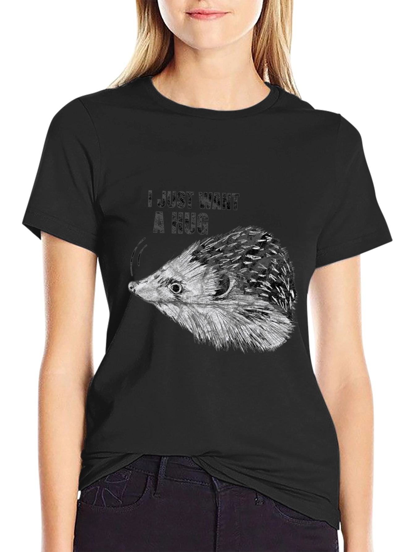 I Just Want A Hug Hedgehog Black T-Shirt