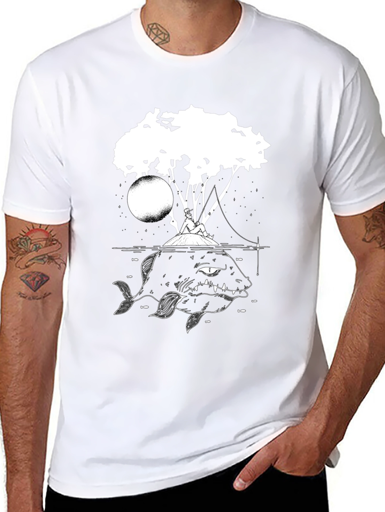 Black Graphic Tee - Fisherman and Giant Fish
