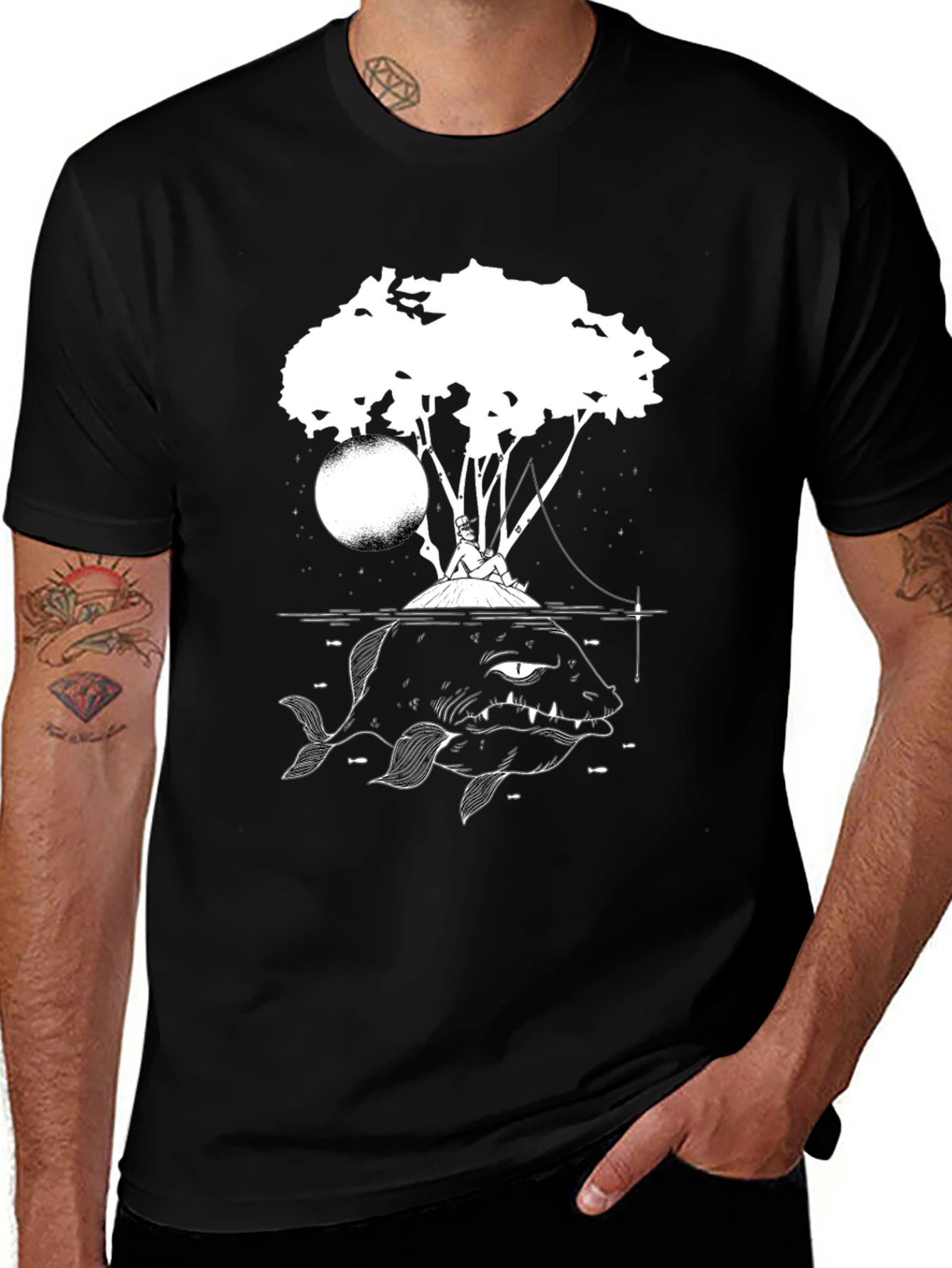 Black Graphic Tee - Fisherman and Giant Fish