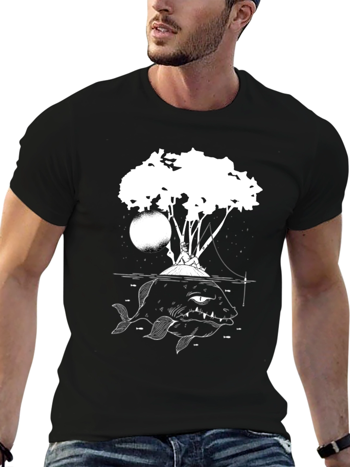 Black Graphic Tee - Fisherman and Giant Fish