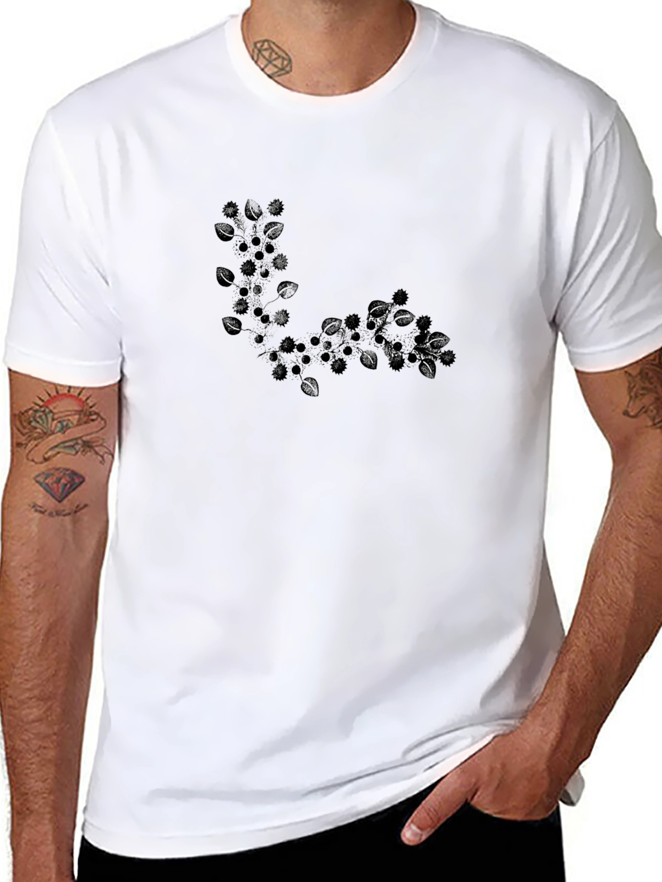 Black T-Shirt with Leafy Design