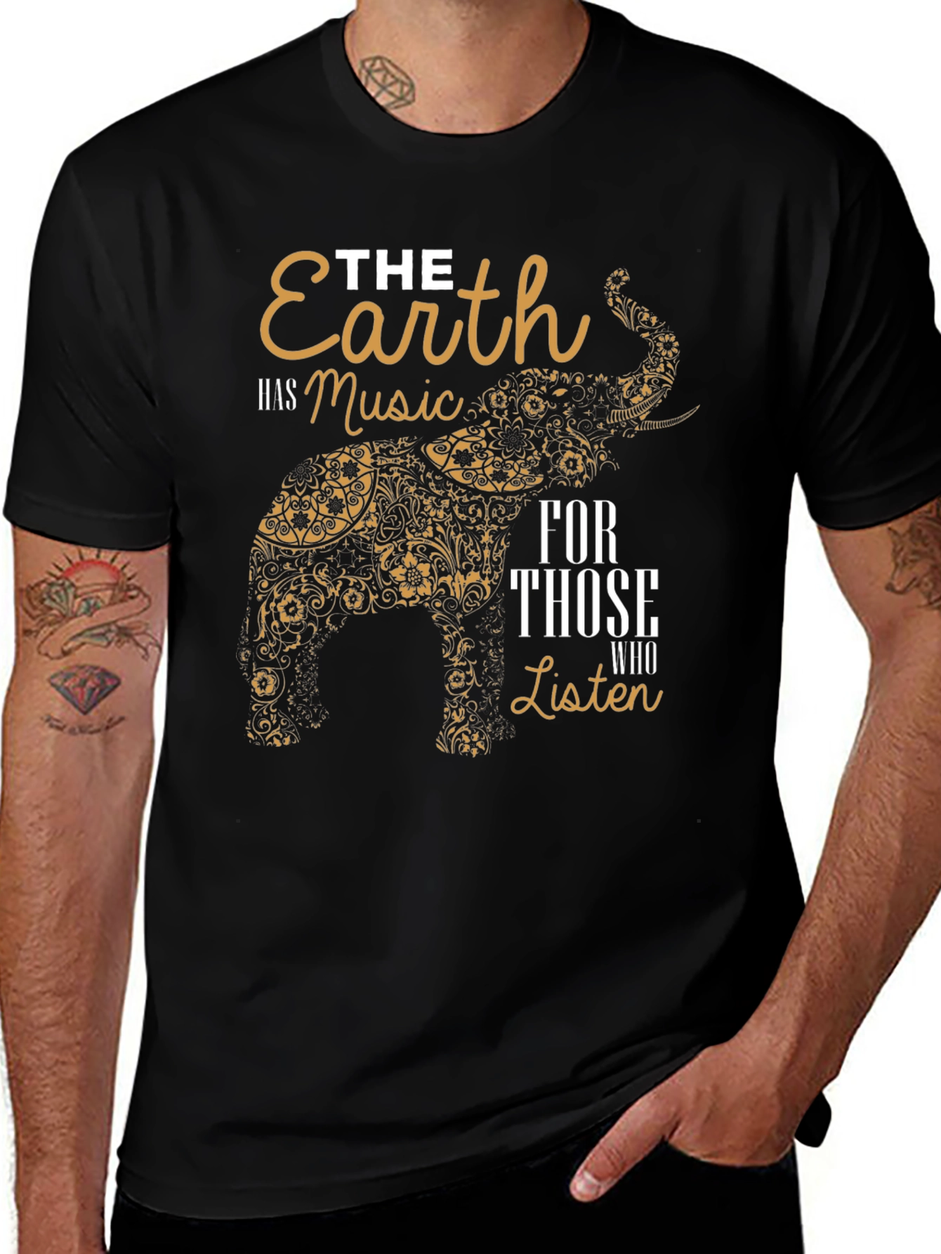 Earth Music Elephant Print Black T-Shirt