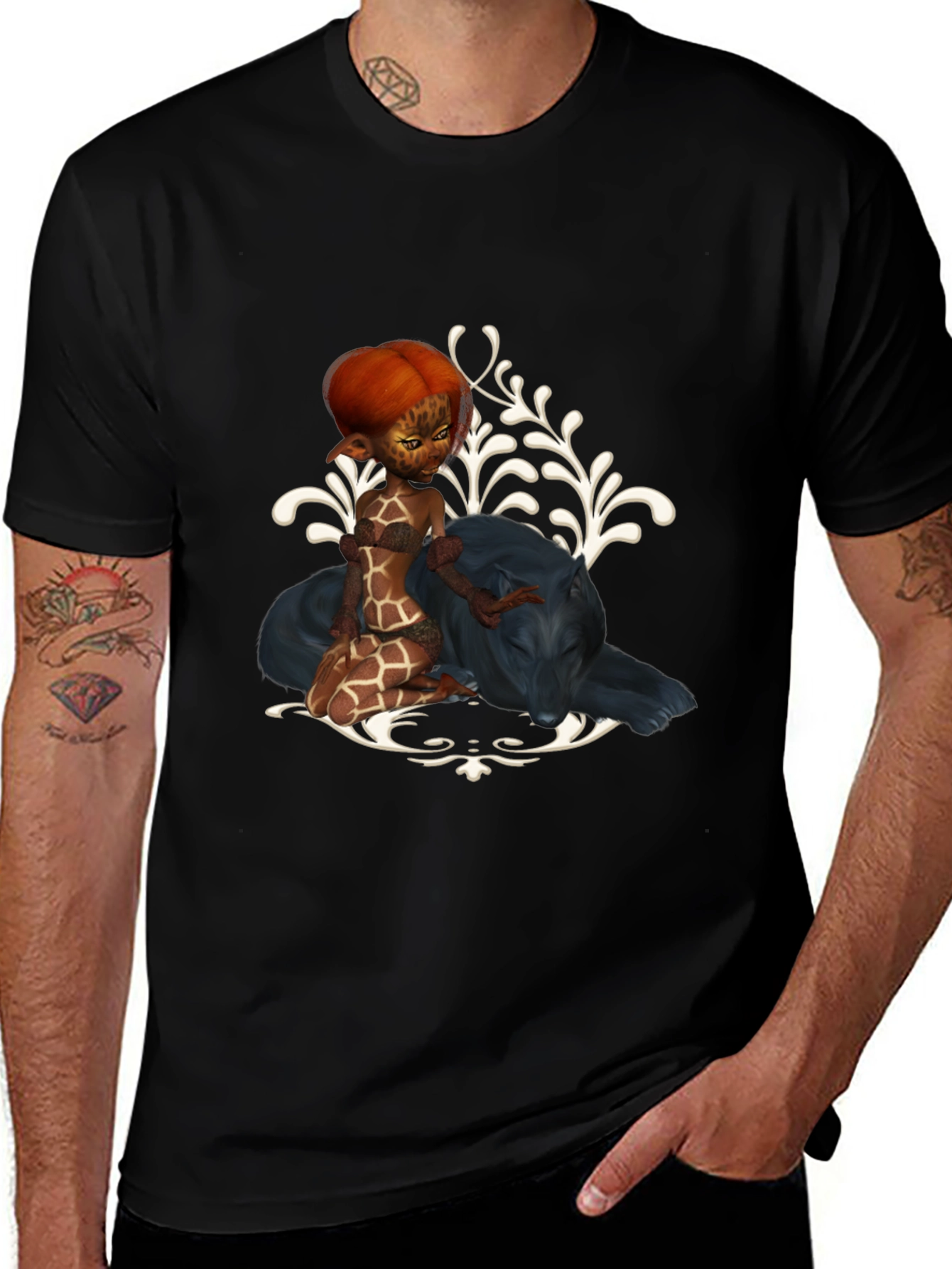 Fantasy Black T-Shirt with Giraffe Fairy & Panther Design