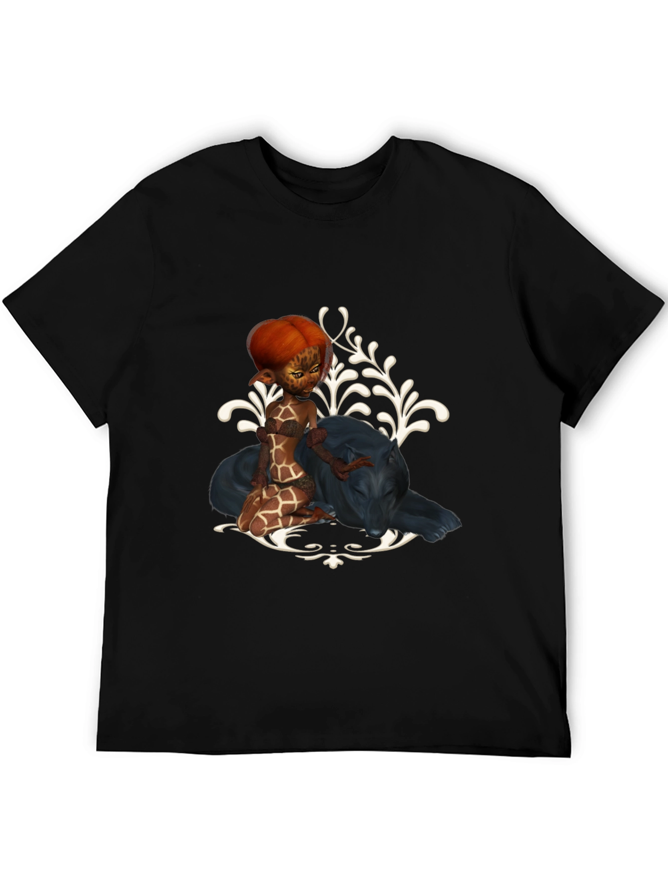 Fantasy Black T-Shirt with Giraffe Fairy & Panther Design