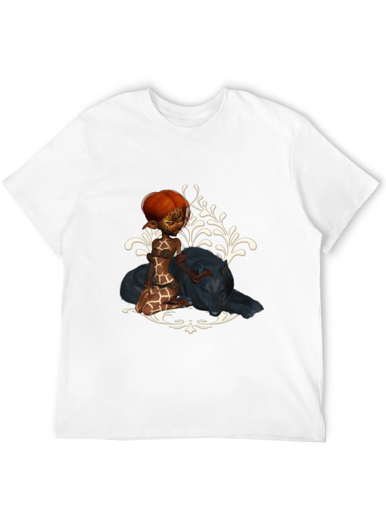 Fantasy Black T-Shirt with Giraffe Fairy & Panther Design