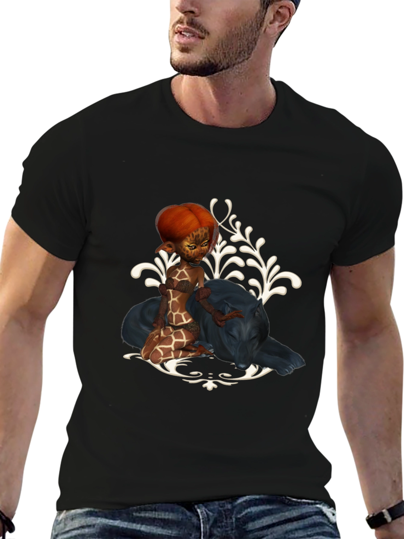 Fantasy Black T-Shirt with Giraffe Fairy & Panther Design