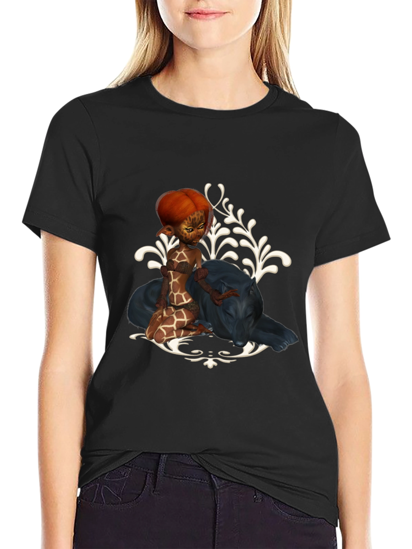 Fantasy Black T-Shirt with Giraffe Fairy & Panther Design