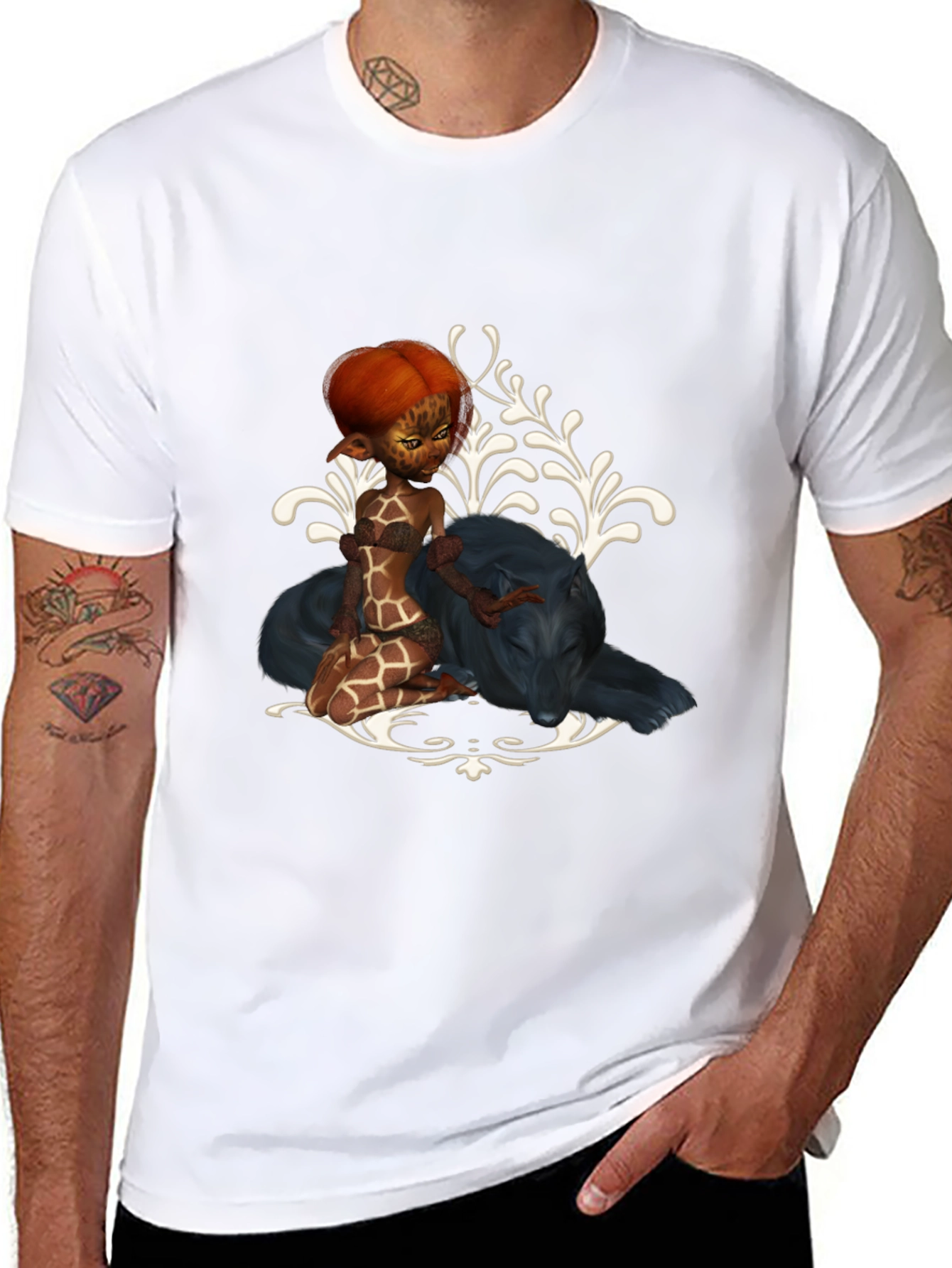 Fantasy Black T-Shirt with Giraffe Fairy & Panther Design
