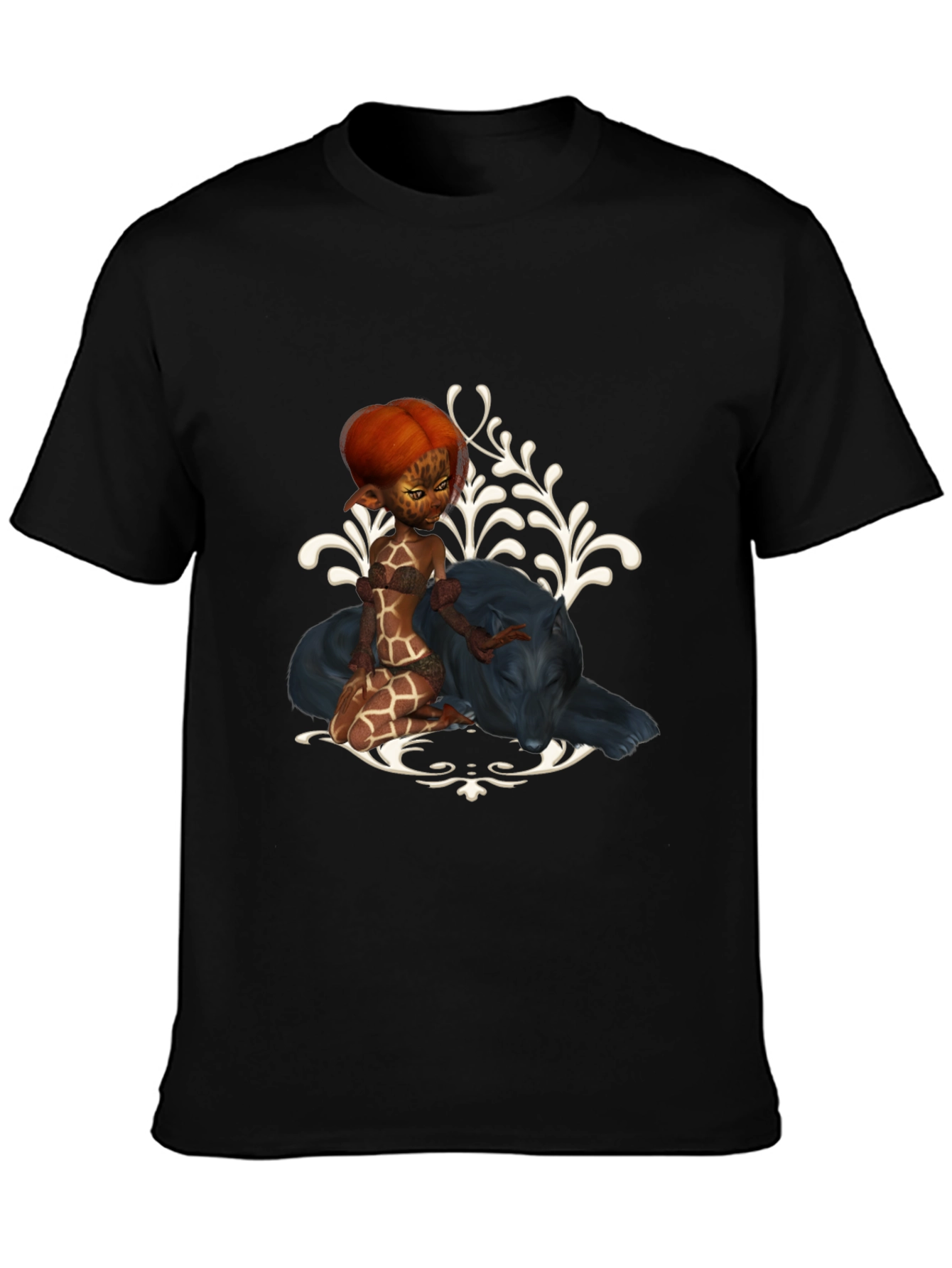 Fantasy Black T-Shirt with Giraffe Fairy & Panther Design