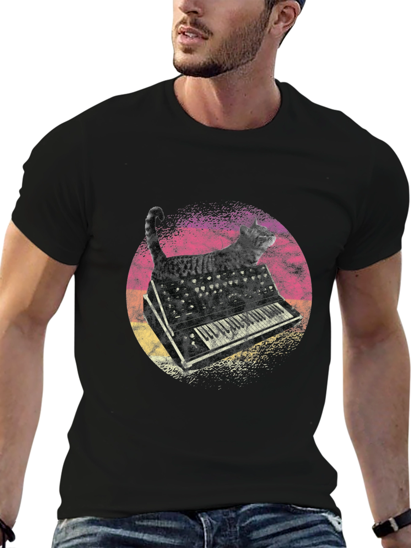Cat Keyboard Graphic T-Shirt - Unique Music Lover Tee
