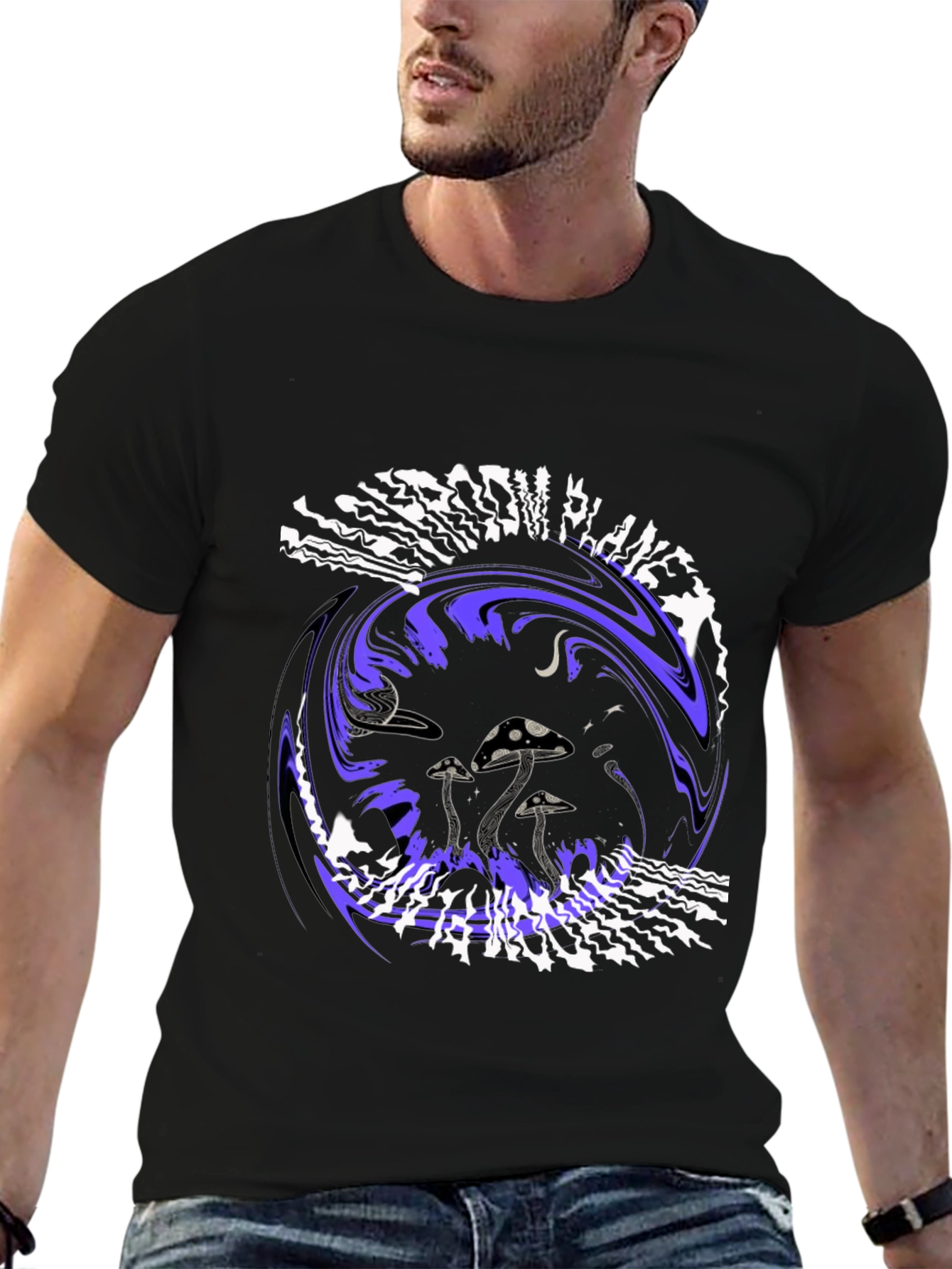 Mushroom Planet Graphic Tee - Black Crew Neck T-Shirt