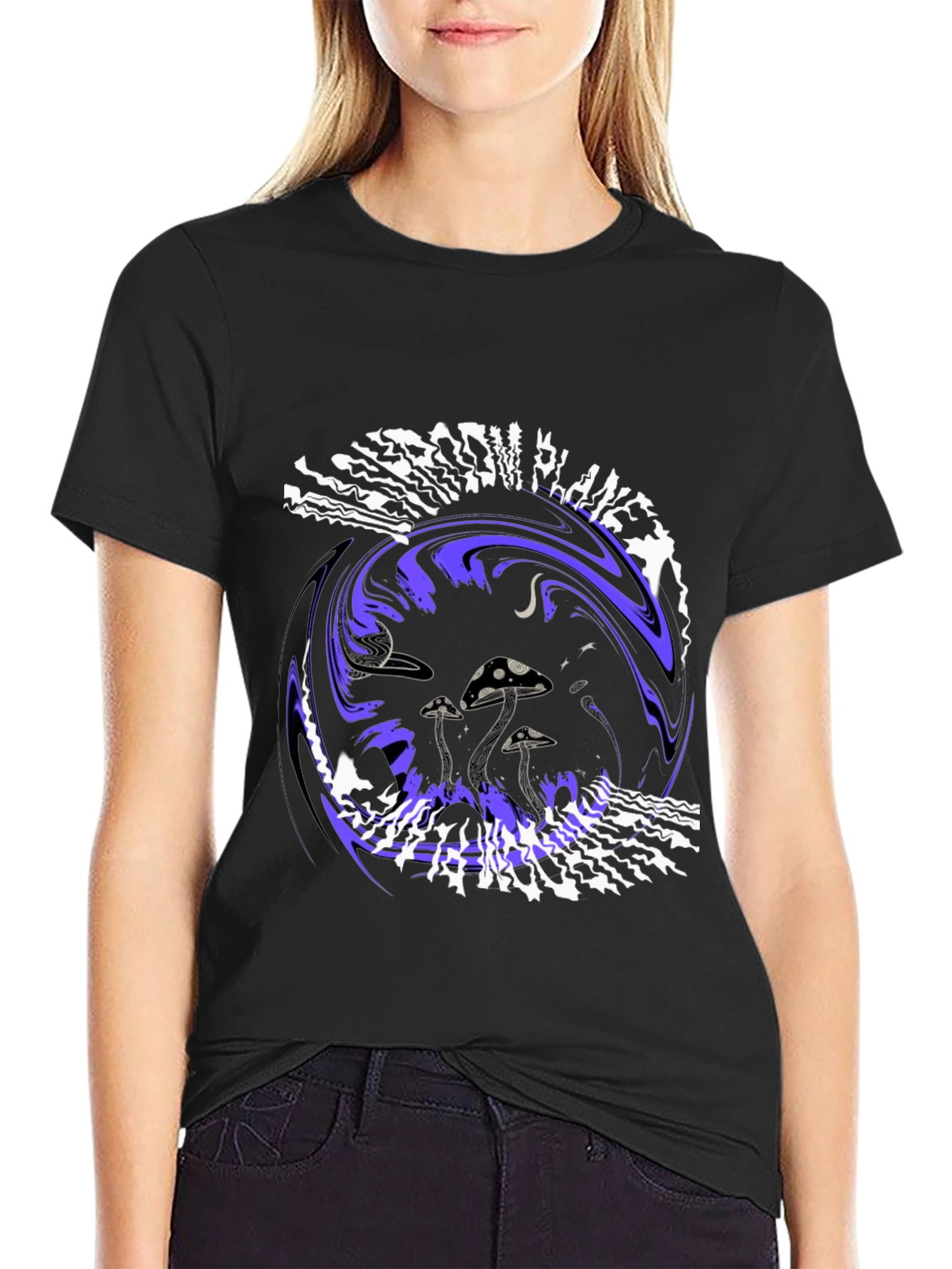 Mushroom Planet Graphic Tee - Black Crew Neck T-Shirt