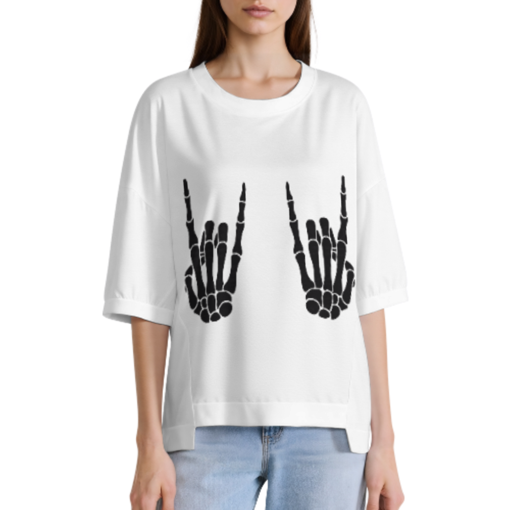 Skeleton Hand Rock Gesture Graphic Tee, Gothic Streetwear Shirt, Minimal Punk Aesthetic Oversized T-Shirt, Edgy Bone Hand Fashion Top(z564)