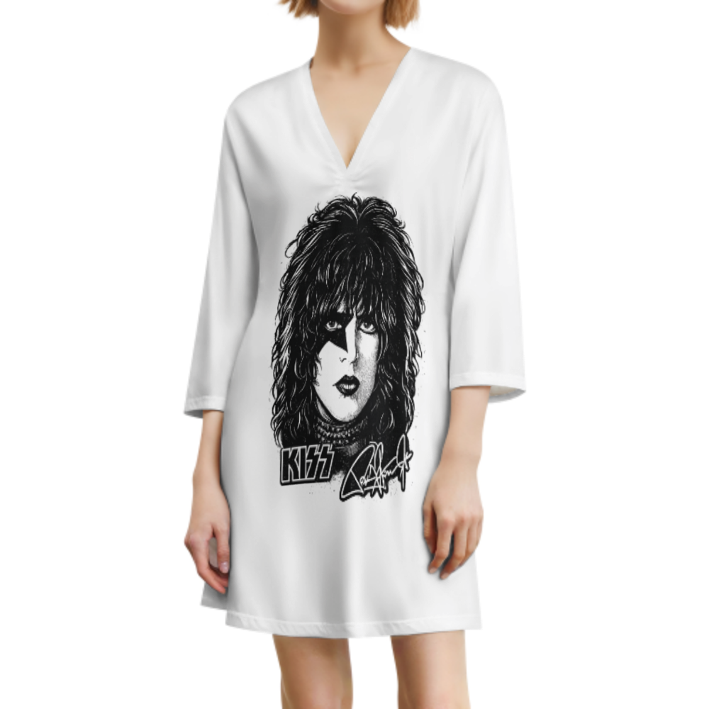 Vintage Rock Star Inspired Graphic T-Shirt Dress, Retro Glam Makeup Oversized Lounge Tee, Edgy Concert Style Casual Women’s Outfit(z574)