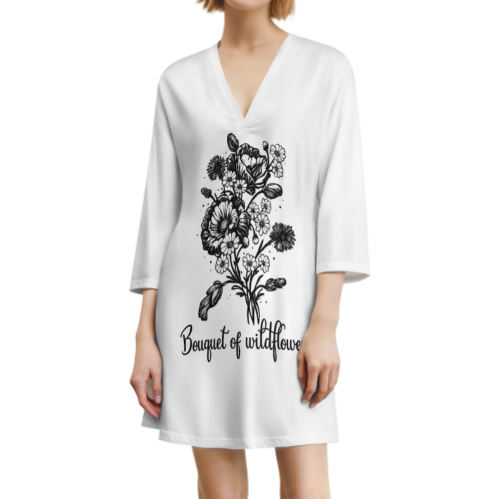 Bouquet of Wildflowers Graphic T-Shirt Dress, Minimal Floral Sketch Oversized Lounge Tee, Botanical Aesthetic Casual Women’s Fashion(z573)