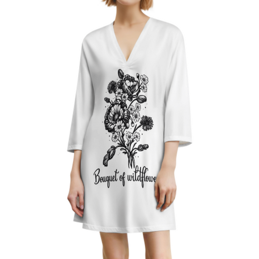 Bouquet of Wildflowers Graphic T-Shirt Dress, Minimal Floral Sketch Oversized Lounge Tee, Botanical Aesthetic Casual Women’s Fashion(z573)