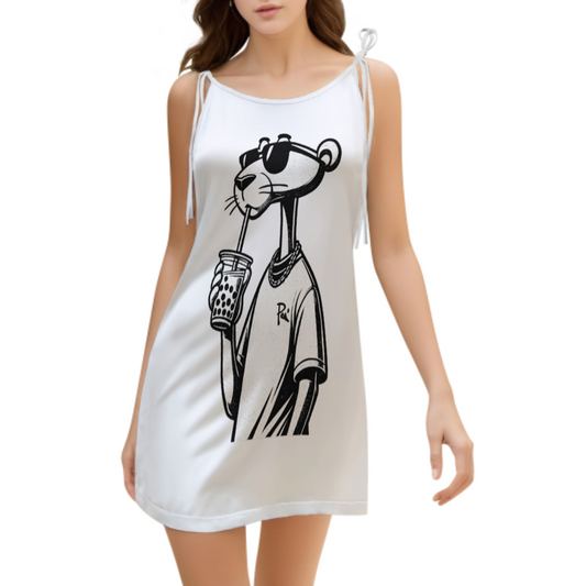 Cool Panther Bubble Tea Graphic Mini Dress, Aesthetic Cartoon Streetwear Dress, Trendy Animal Art Sleeveless Outfit(z585)