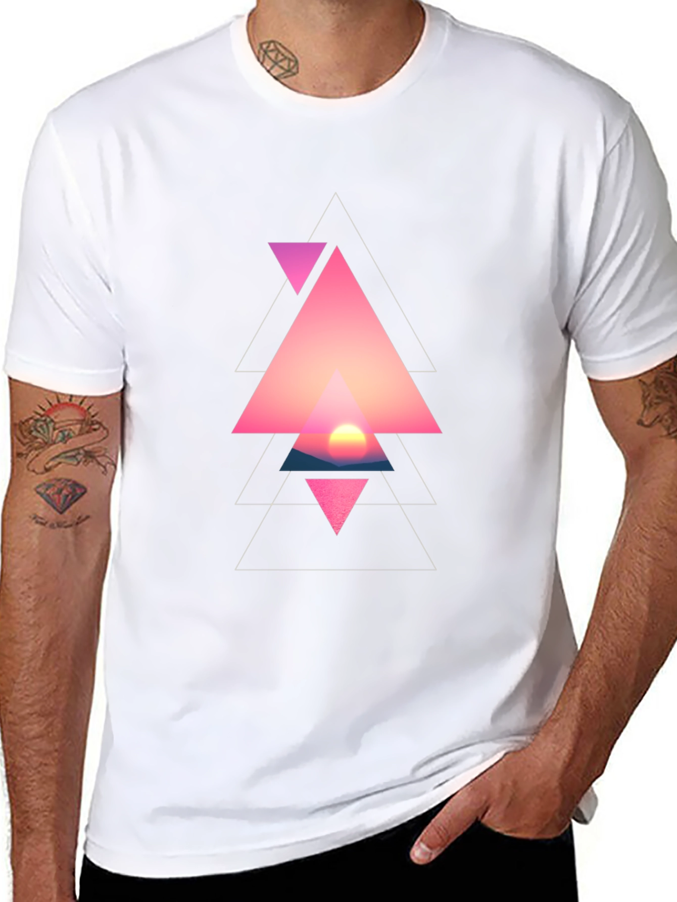 Geometric Sunset Triangle Graphic Black T-Shirt